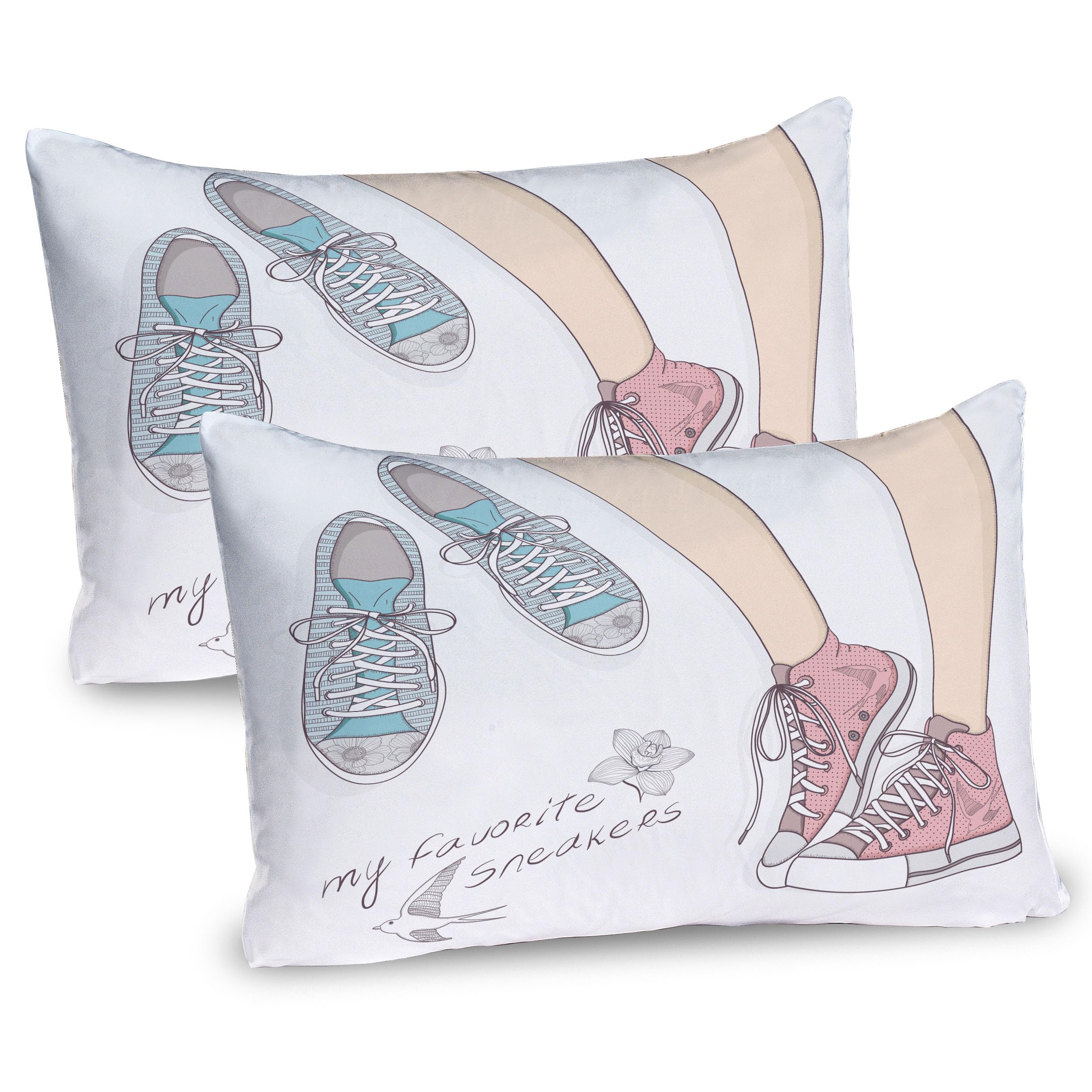Ambesonne Teen Room Pillow Sham Set of 2, Pair of Shoes in Young Girl Feet with Floral Feminine Fashion Pattern, Quality Microfiber Bedding Item for All Seasons, 30
