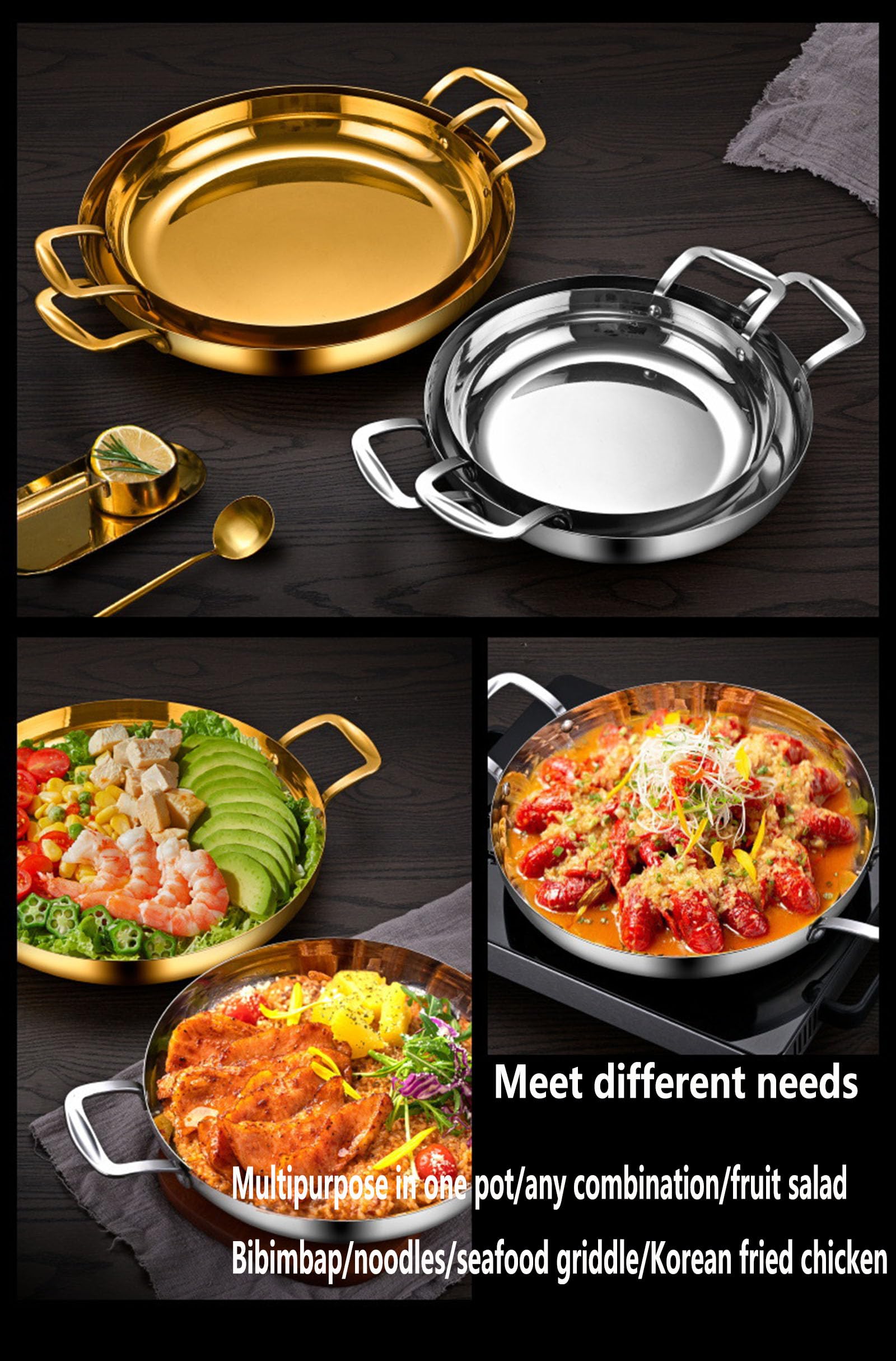 Paellera dorada de acero inoxidable sartén grande, plancha, sartén grande con tapa, olla jumbo, sartén de inducción, apto para lavavajillas y horno para cocinar en casa, dorado, 36 cm