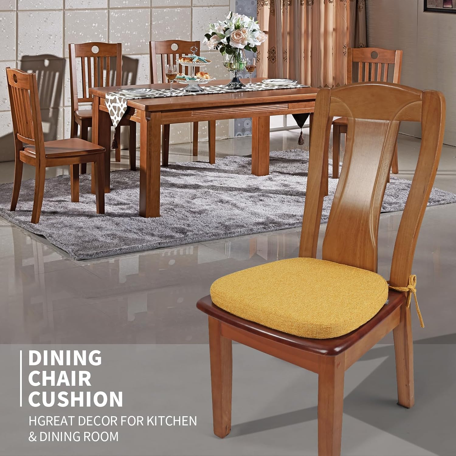 SINOSSO 6 Pack Memory Foam Chair Cushions for Dining Chairs, Friendly Woven Fabric 16" U-Shape Comfortable Kitchen Chair Pads, Removable Slip Resistant Seat Cushions (Set of 6, Yellow)