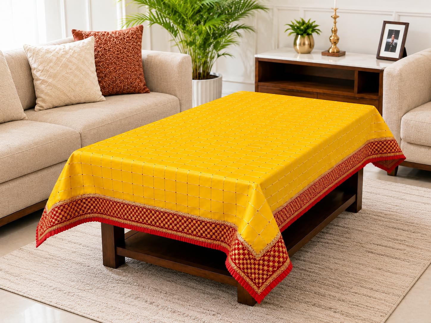 Red Check Silk Table Cloth | Multipurpose Mandir Kapda for Chowki, Aasan, God Idol, Altar Table, Temple Decoration, Daily Worship, Navratri, Diwali & Religious Ceremonies (54x30 inch)-image-3