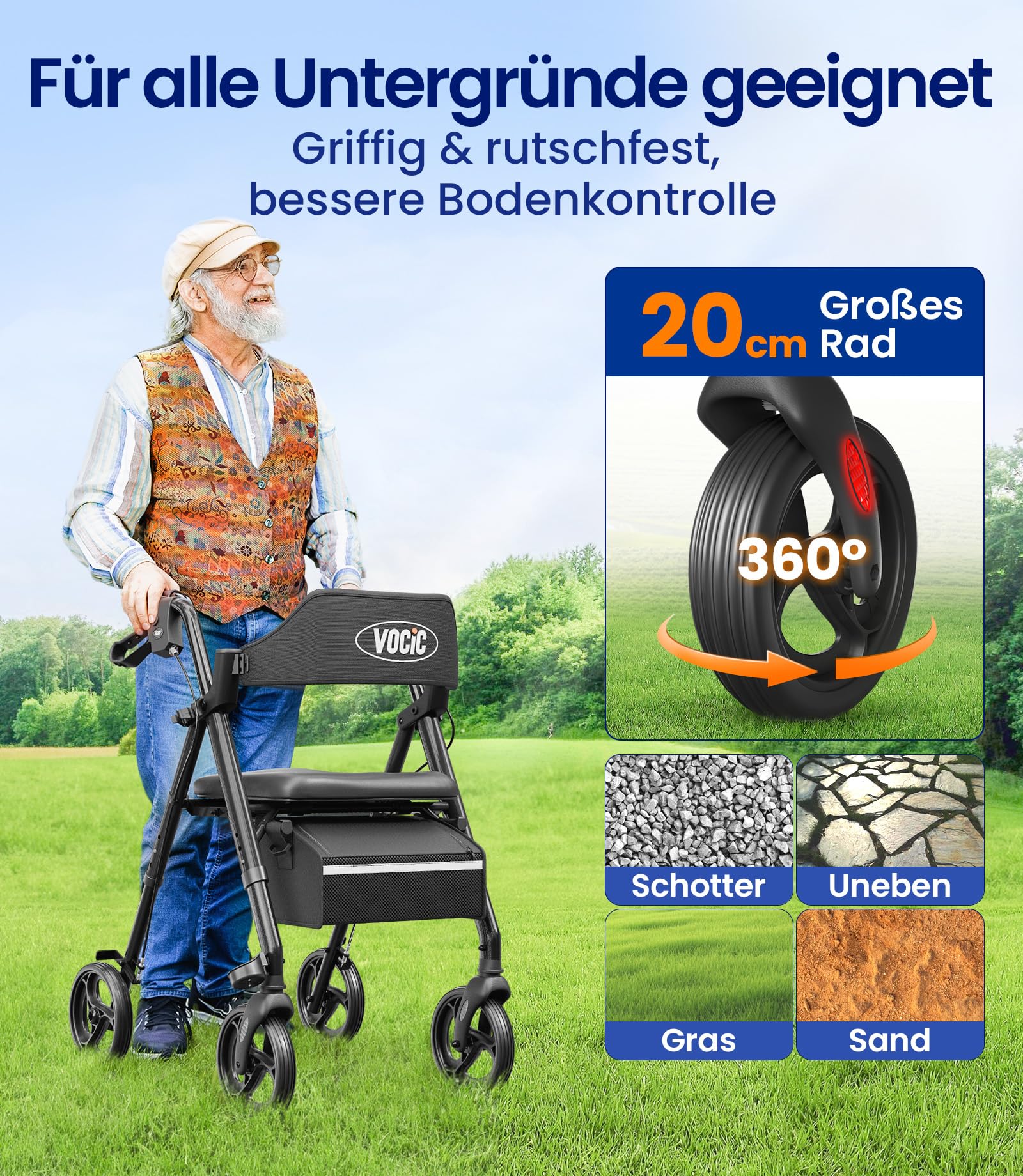 VOCIC Rollator Faltbar und Leicht mit Sitz,Rollatoren Schmal für Wohnung,Rollatoren für Senioren Klappbar mit 20cm Reifen für All Gelände,Sitz und Griff Höhenverstellbar,5 Jahre Support|Schwarz
