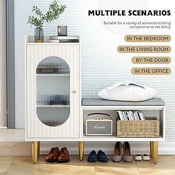 Amazon.com: HLR Storage Bench with Glass Door&Shelf, Modern