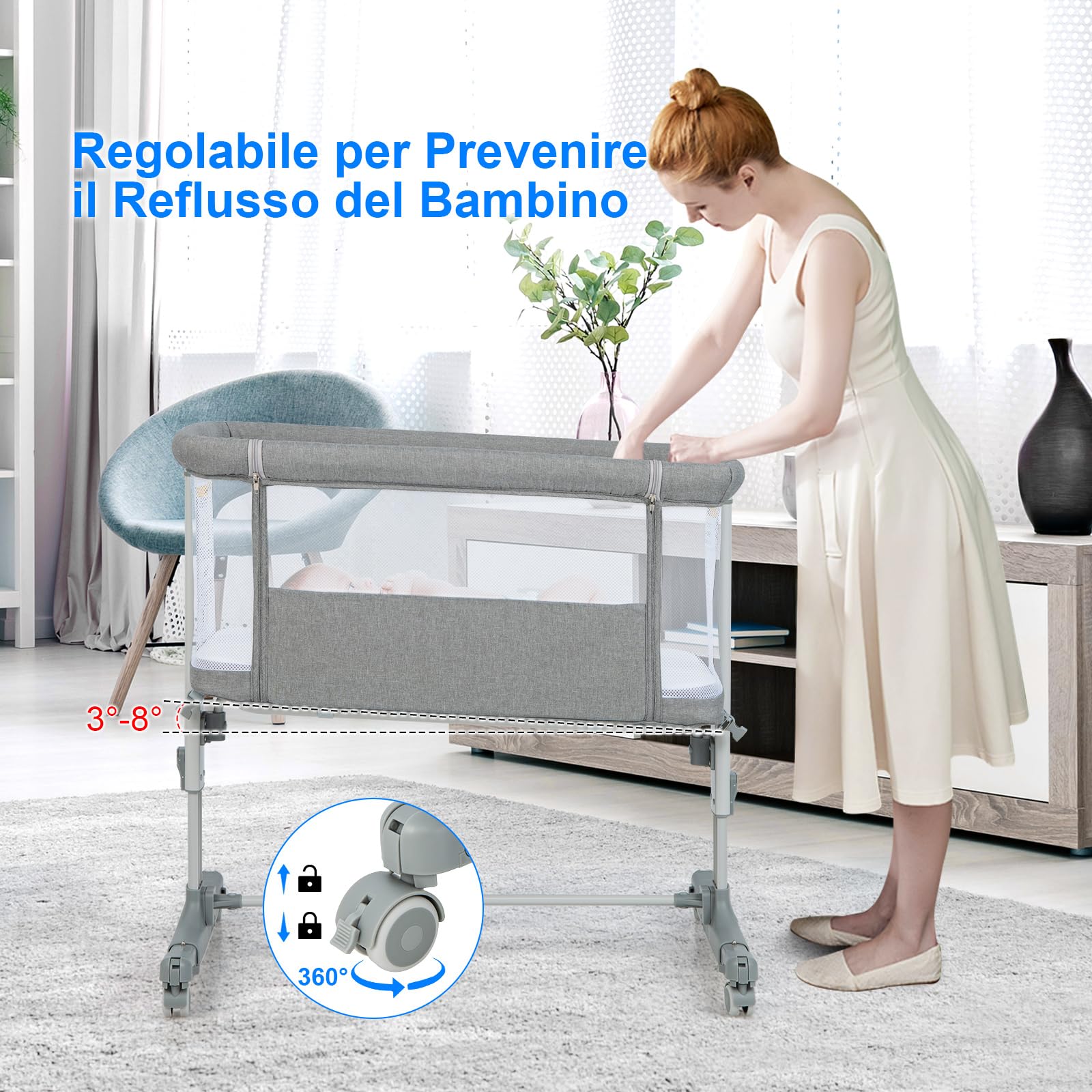COSTWAY 3 in 1 Culla Neonato Fianco Letto, Lettino Neonato Dondolo con Materasso, Culla Co-Sleeping Fino a 9 kg, Altezza Regolabili, 84 x 59,5 x 80,5cm (Grigio)