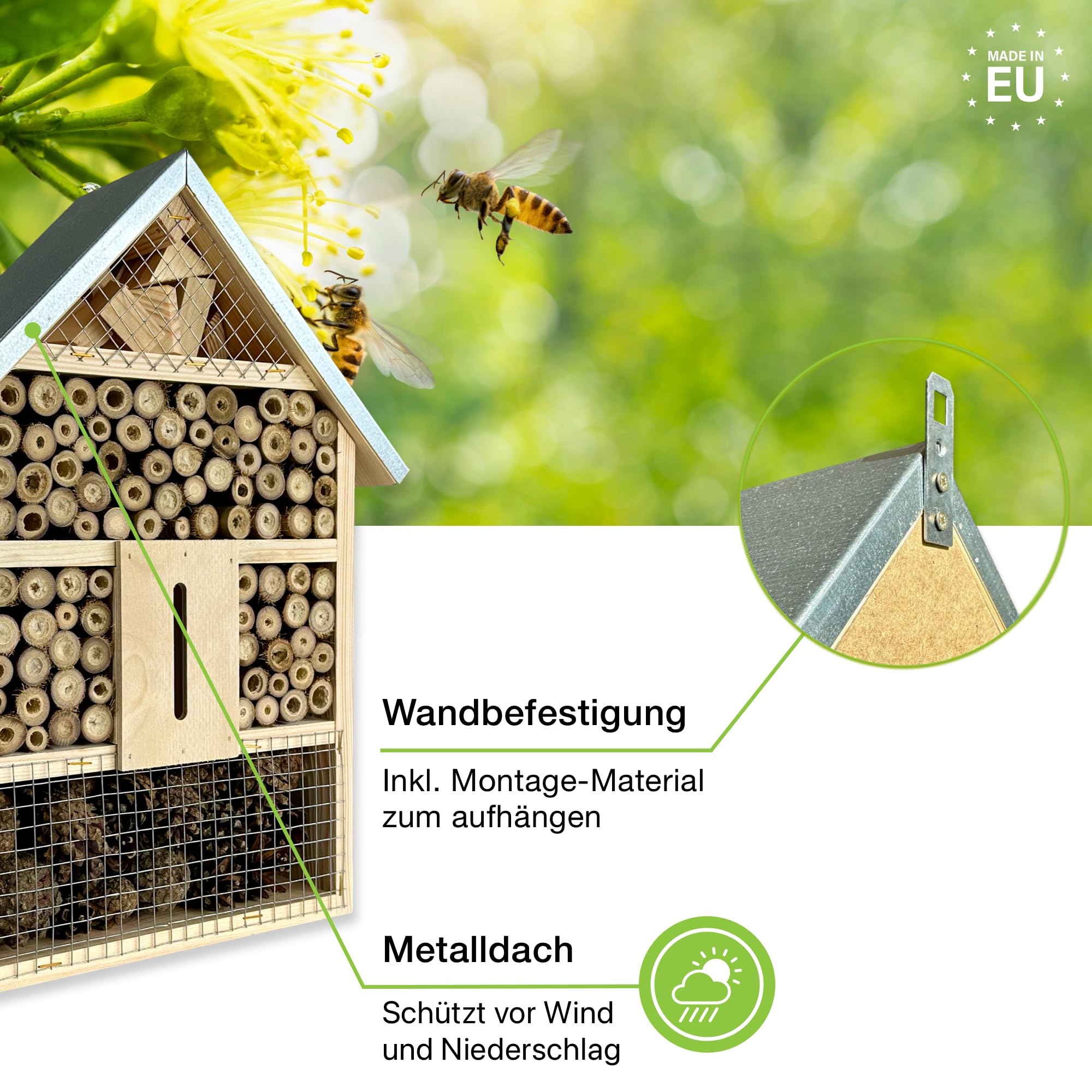 GARTENETAGE Natürliches Insektenhotel XL für Garten & Terrasse – Wetterfest, aus Naturholz, mit Bambusröhren & Tannenzapfen – Nistkasten für Wildbienen, Marienkäfer & Schmetterlinge