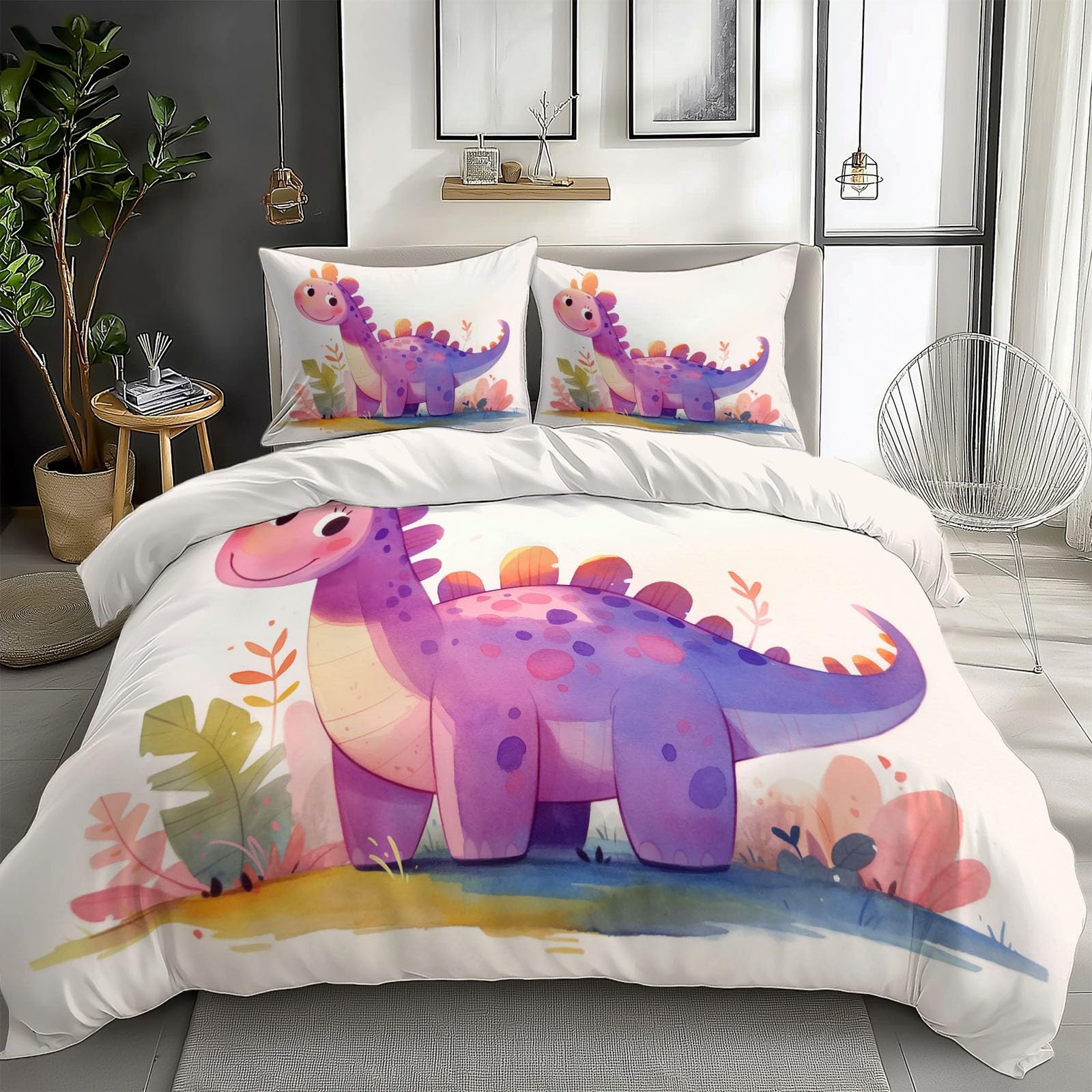 White Duvet Cover Twin Size 2 Pieces Cartoon Watercolor Dinosaur Purple, Bedding Set Room Decor Bedspread for Kids Teens, Comforter Quilt Cover Bedding Set with Pillow Sham