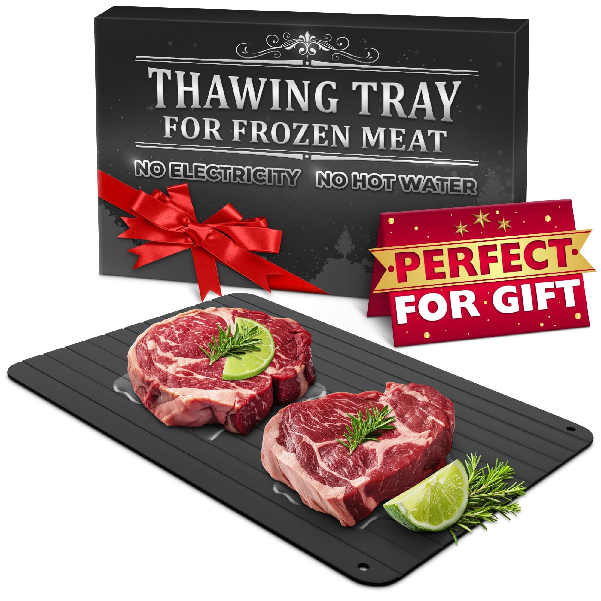 Defrosting Tray for Frozen Meat 11.6 × 8.2 In – Aluminum Non-Electric Meat Thawing Tray for Steak, Chicken, Fish, Pork & Ground Beef – Non-Stick Surface, Ergonomic Handle, Fast Quiet Kitchen Defroster