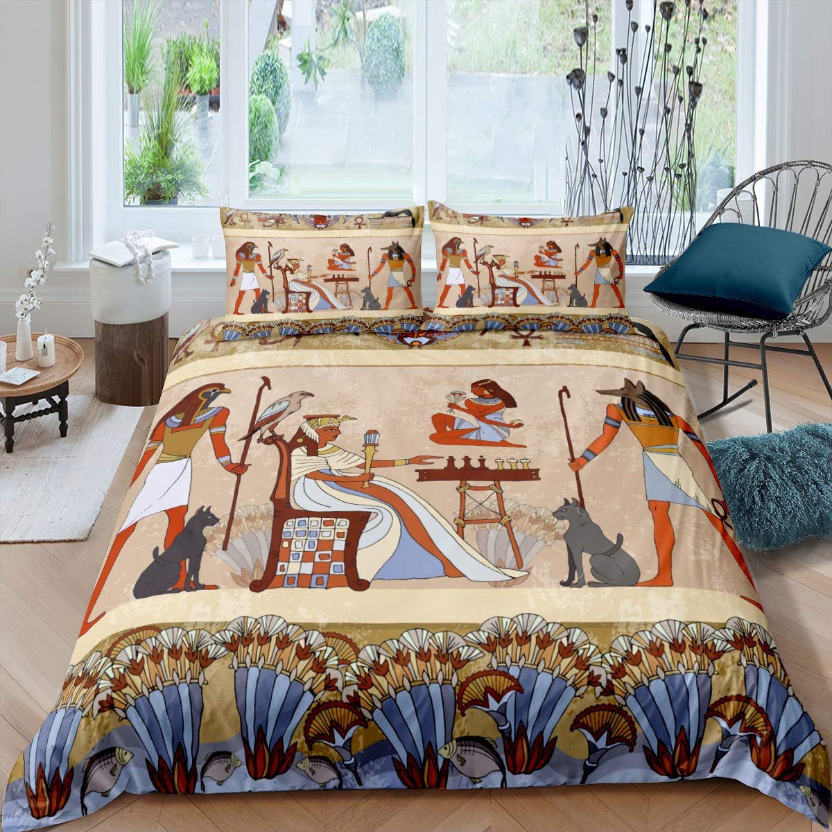 Loussiesd Pharaoh Duvet Cover Ancient Egypt Culture Bedding Set for Kids Boys Girls Egyptian Tribe Comforter Cover Retro Western Bedspread Cover Bedroom Collection 3Pcs Double Size
