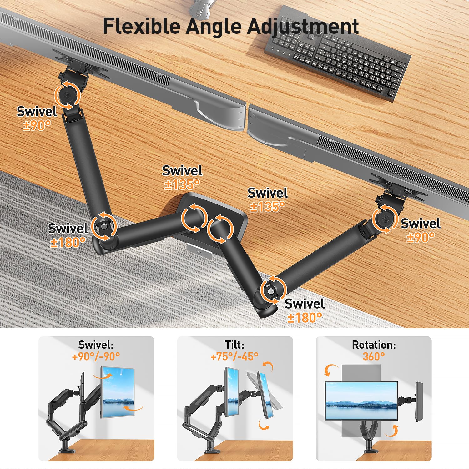 ELIVED Supporto per 2 monitor per schermi da 17-34", supporta 2-12 kg | Supporto per 2 monitor con VESA 75/100 mm, regolabile in altezza, girevole, grigio, EV3236B-G