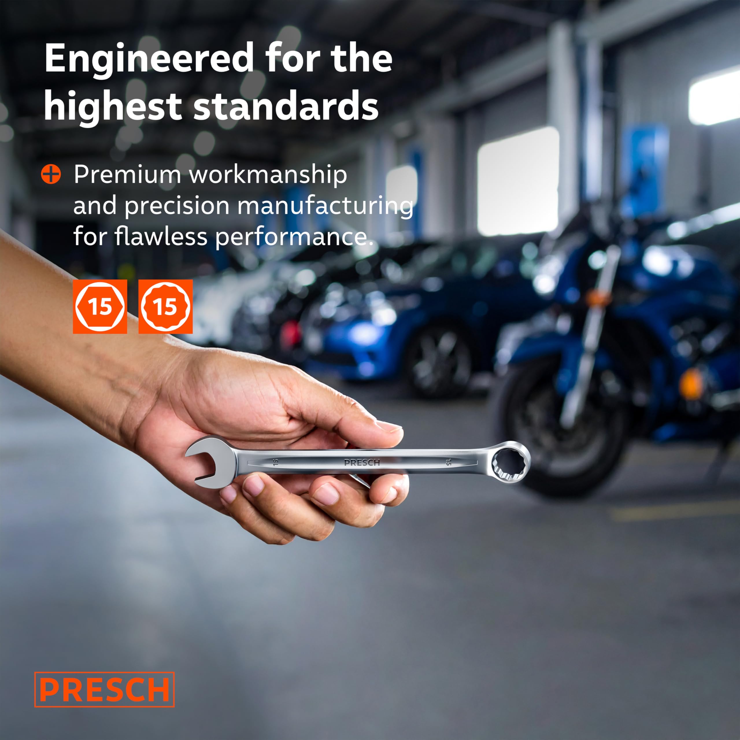 PRESCH Combination Spanner 15mm, Precision-machined & exceptionally Robust Spanner, 15° Angled for Tight-Space Work - Image 2