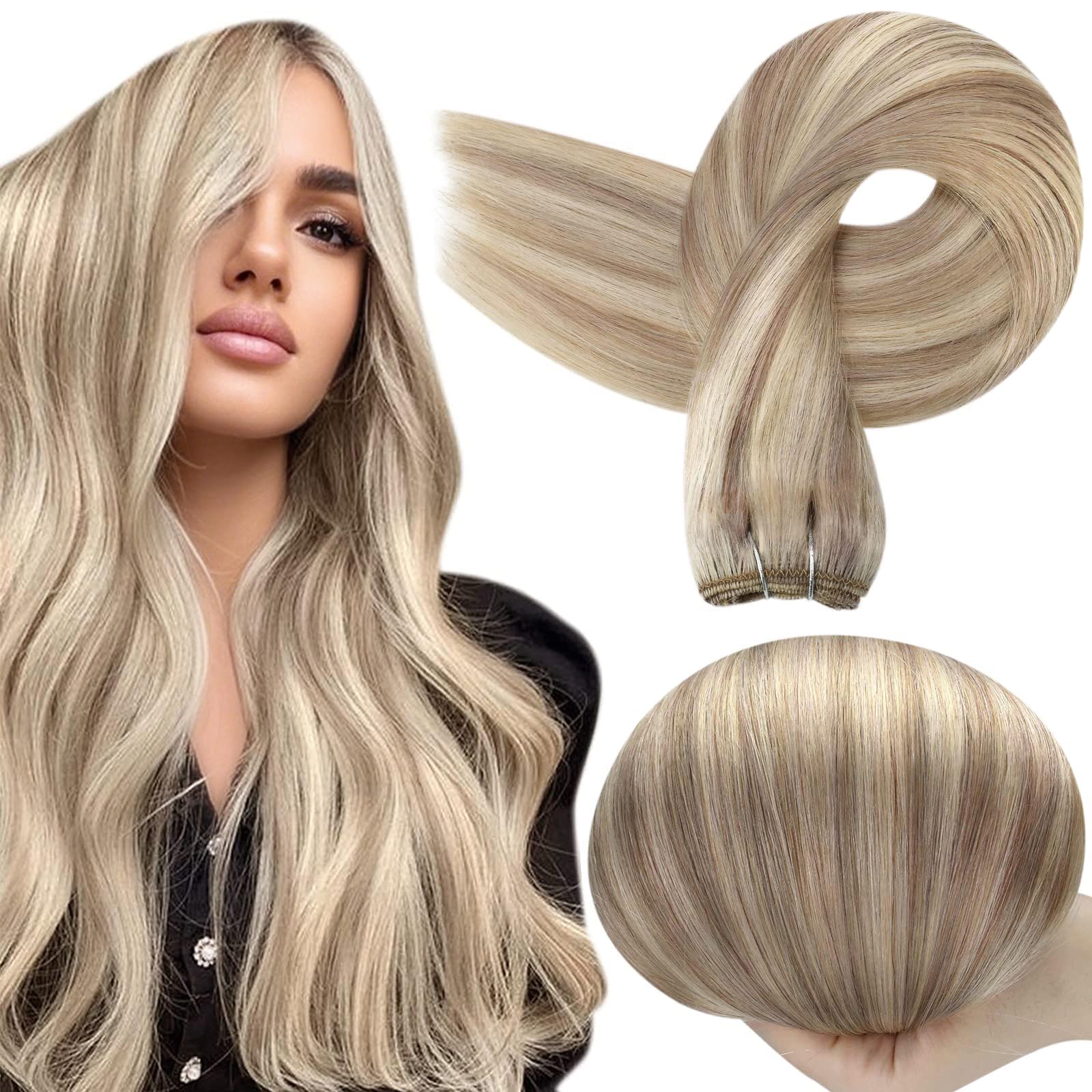 Full Shine Weft Hair Extensions Human Hair 18 Inch Straight Remy Highlight Color Ash Blonde Mix Bleach Blonde Sew in Hair Extensions Double Weft Full Head Weave Hair 105 Grams