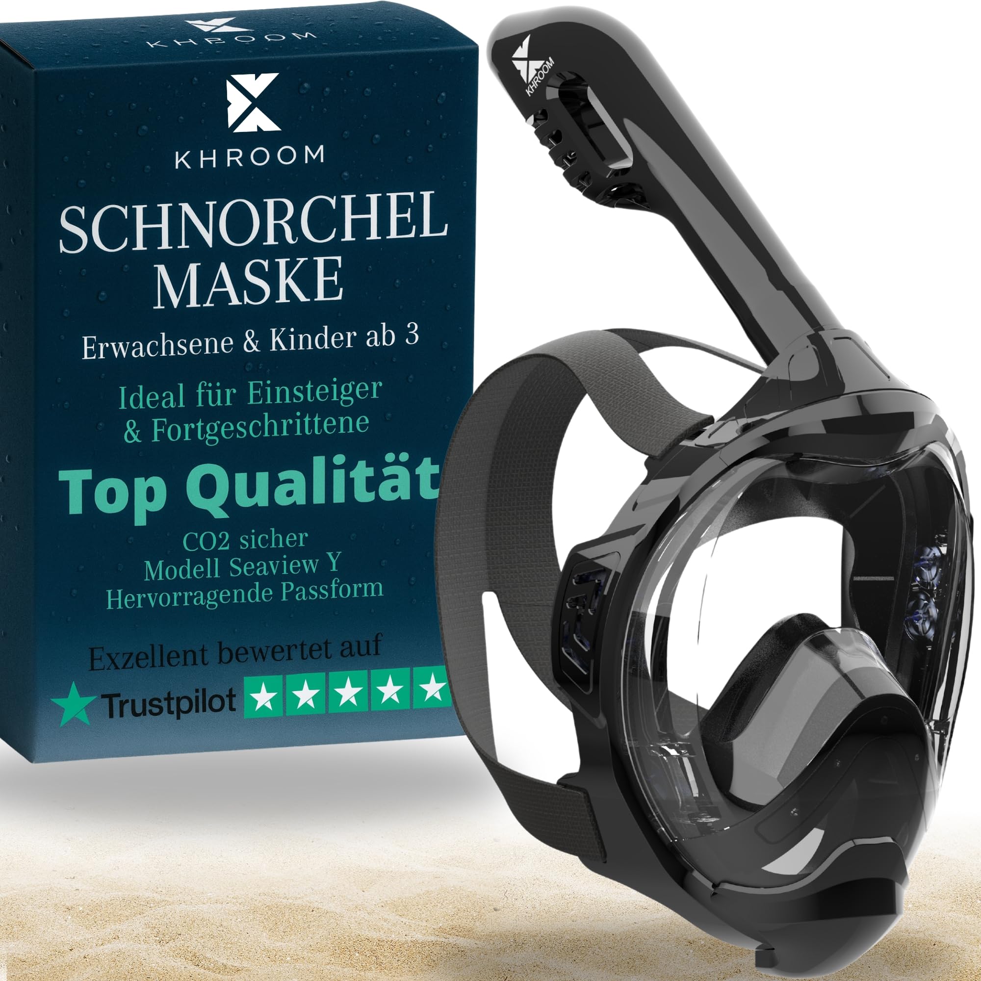 Khroom Schnorchelmaske Erwachsene & Kids ab 3 Jahre | CO2 sicher | Vollgesichtsmaske mit Easy-Breath System | Schnorchelset Alternative | Seaview Y Tauchmaske Schnorchelmaske Kinder
