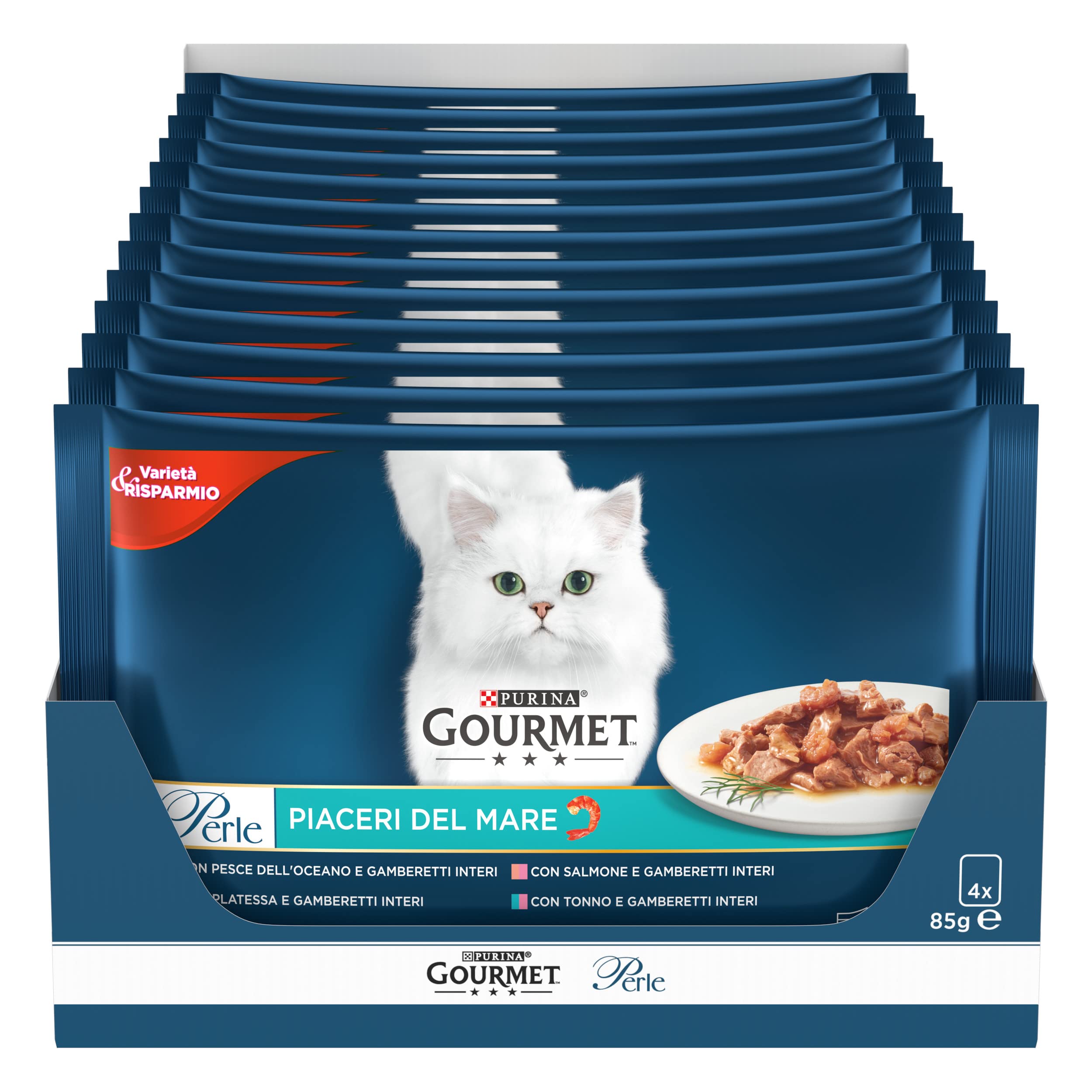 Gourmet Purina Perlas para placeres del mar, filetes de Salsa y Comida húmeda para Gatos con Pescado del océano, platesa, salmón, atún con camarones, 48 Sobres de 85 g