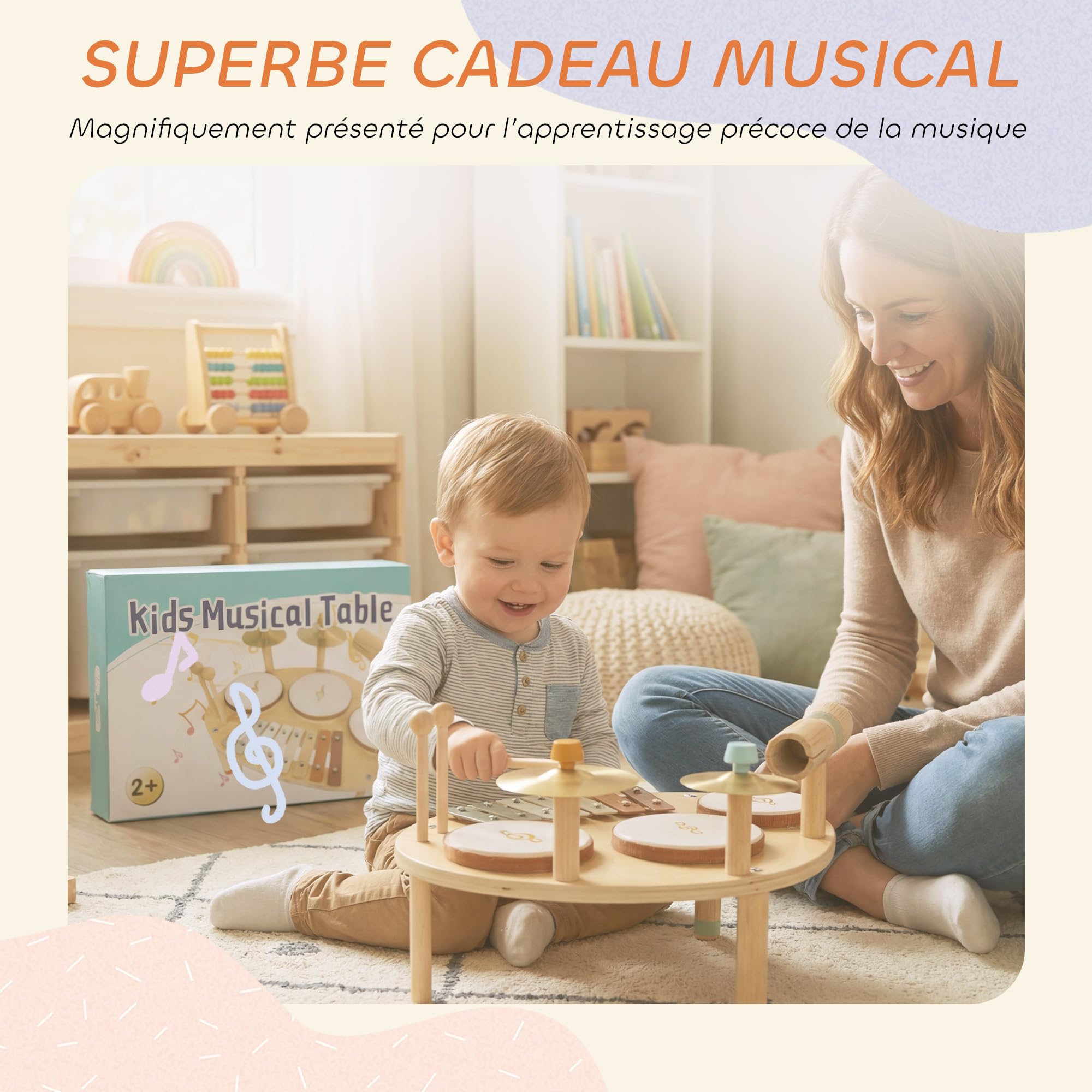 AIYAPLAY Jeux de Tambours pour Bébé avec Xylophone pour Tout-Petits 2+ Ans | Tambour Bébé, Instruments de Musique pour Enfants en Bois, Cadeaux de Garçons et Filles, Bois Naturel