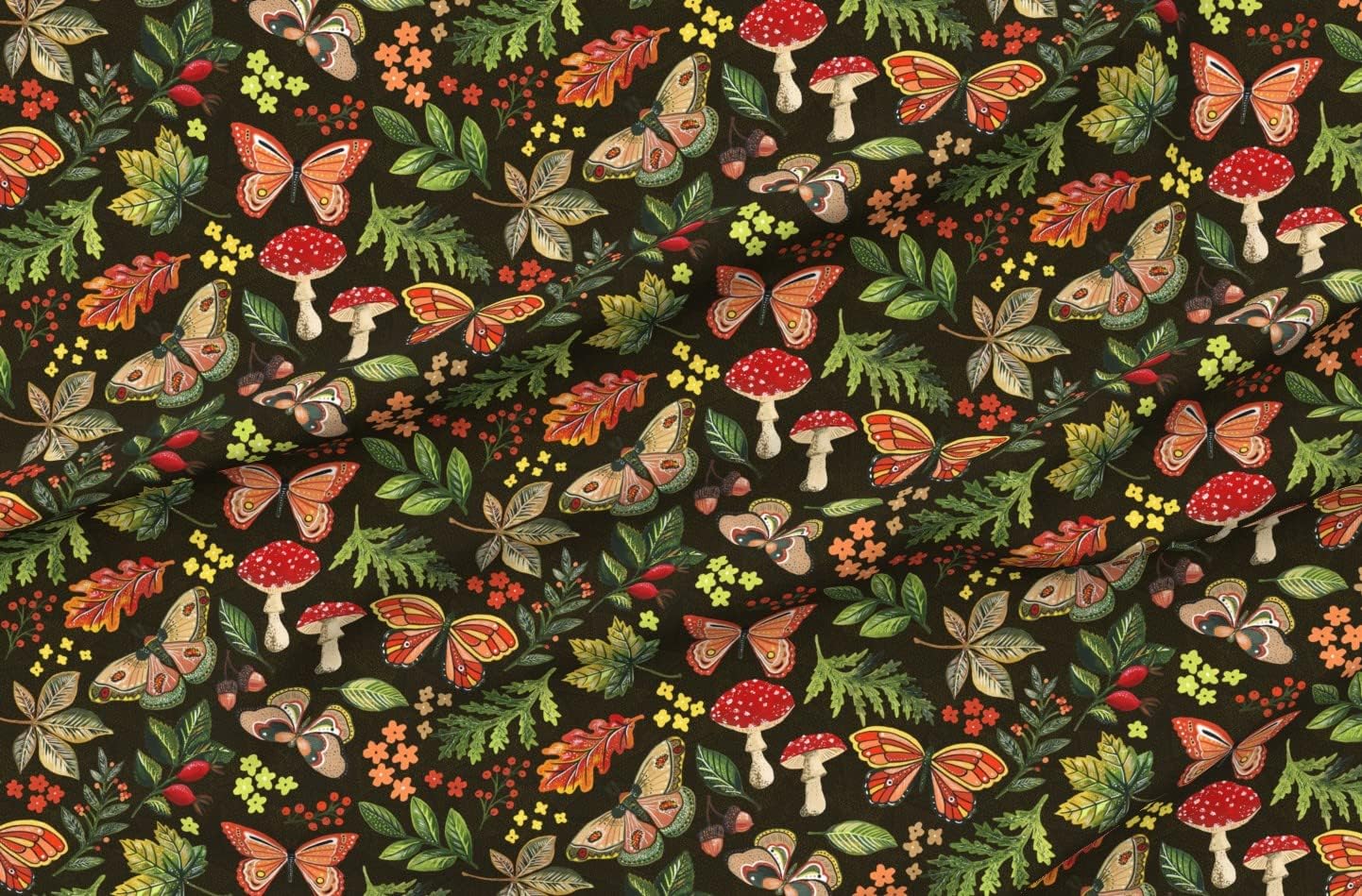 Spoonflower Fabric - Painted Woodland Autumn Fall Red Mushrooms Moths and Ferns Greenery Printed on Petal Signature Cotton Fabric by The Yard - Sewing Quilting Apparel Crafts Decor