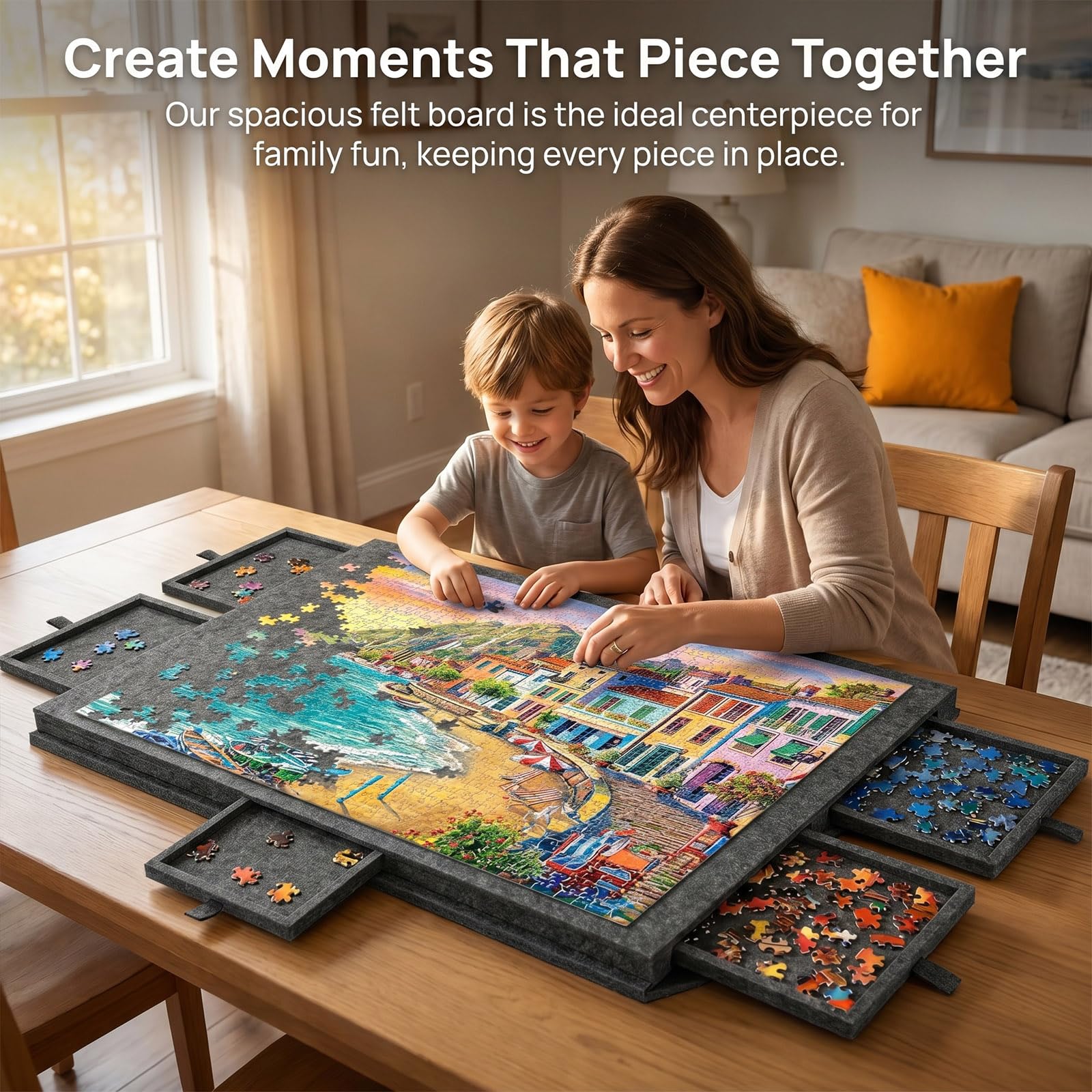 Przechylany stół do puzzli, czarny, przenośna deska do puzzli z 6 szufladami, deska do puzzli ze stojakiem 2 w 1 i pokrywą, super lekki filcowy stół puzzle, akcesoria do 1000 elementów