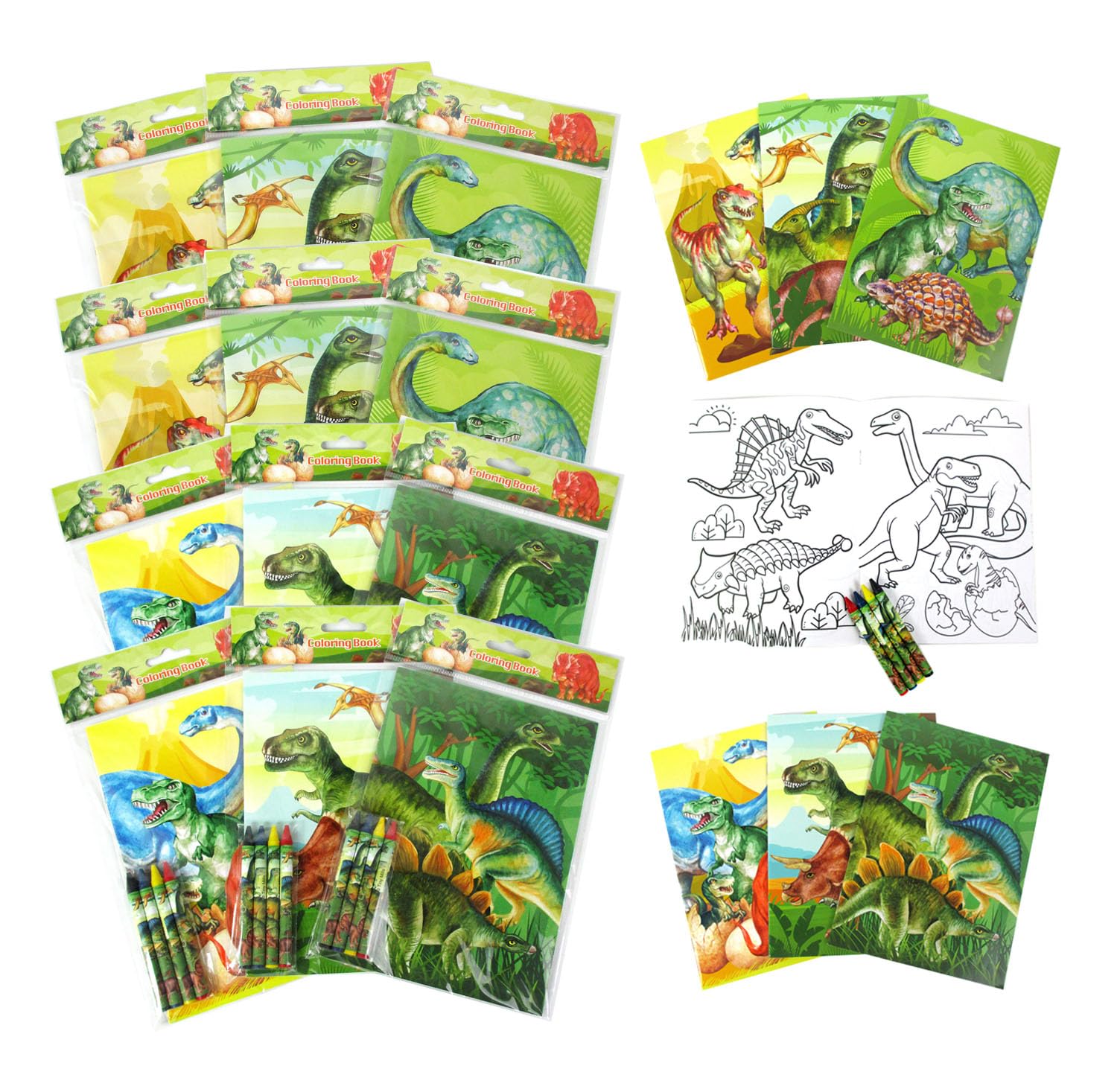 TINYMILLS Jurassic Dinosaur Coloring Book Set, 12 Books, 48 Crayons, Kids Activity Birthday Party Favors