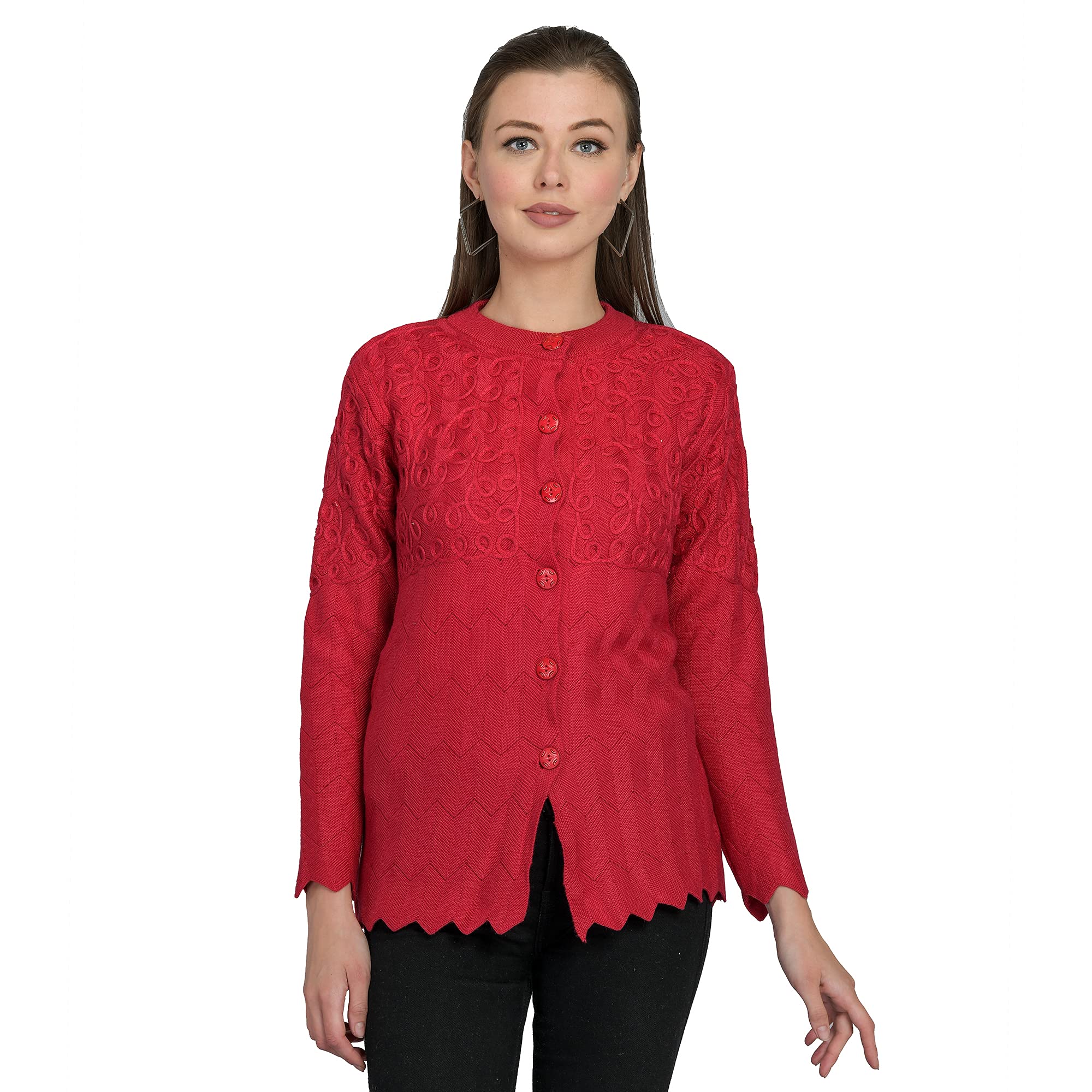 ladywillington Women's Woolen V-Neck Cardigan - Printed Heavy Front Kadai Daffodil Fabric Winter Wear Pure Wool Cardigan for Women - Free Size Long Cotty - BRIGHTMAGENTA, XL-picture-17
