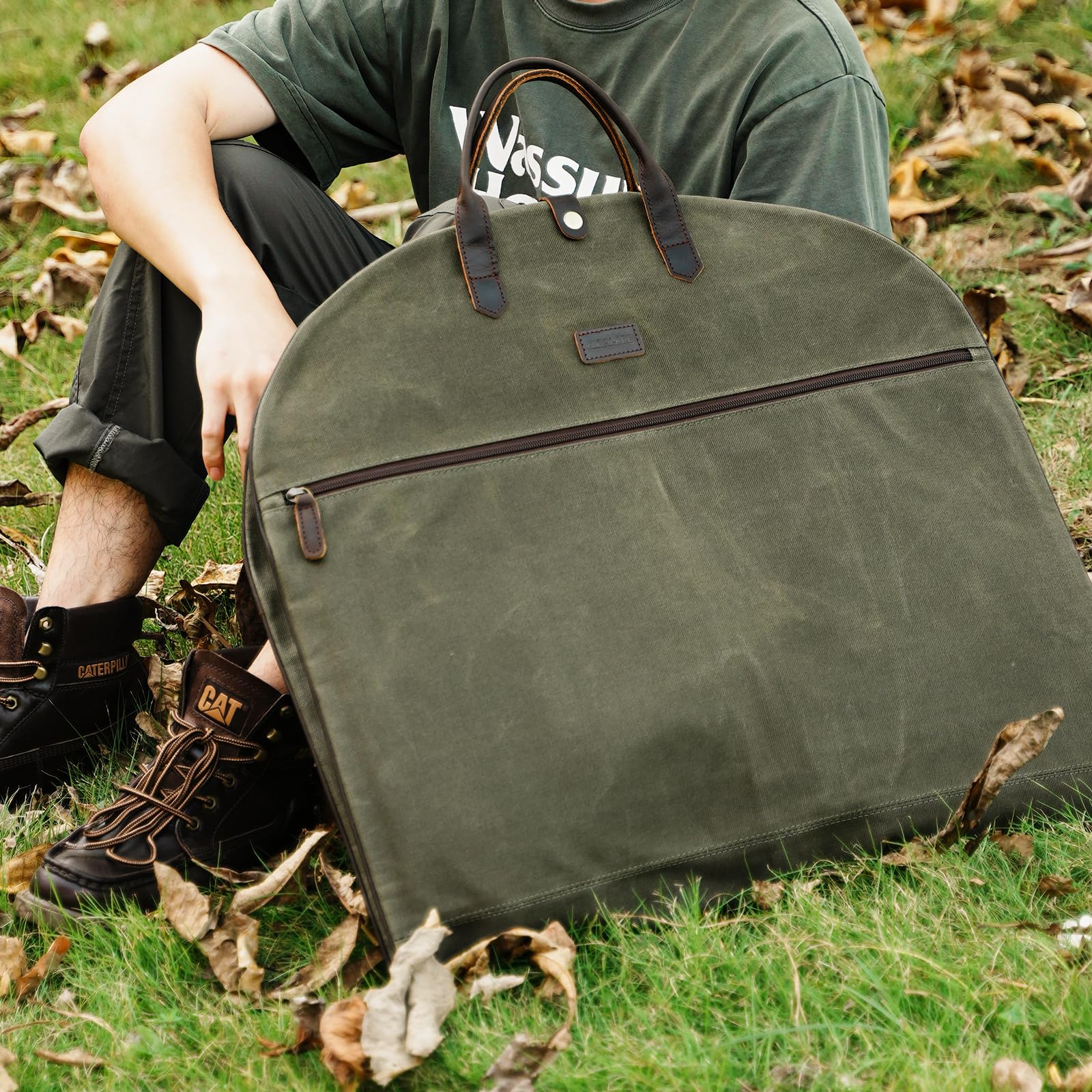 Polare Kleidersack aus gewachstem Segeltuch, Vollnarbenlederbesatz, Handgepäcktasche für Reisen, wasserdicht, staubdicht, faltbar, hängende Koffer, Wochenend-Kleiderhülle mit YKK-Reißverschluss