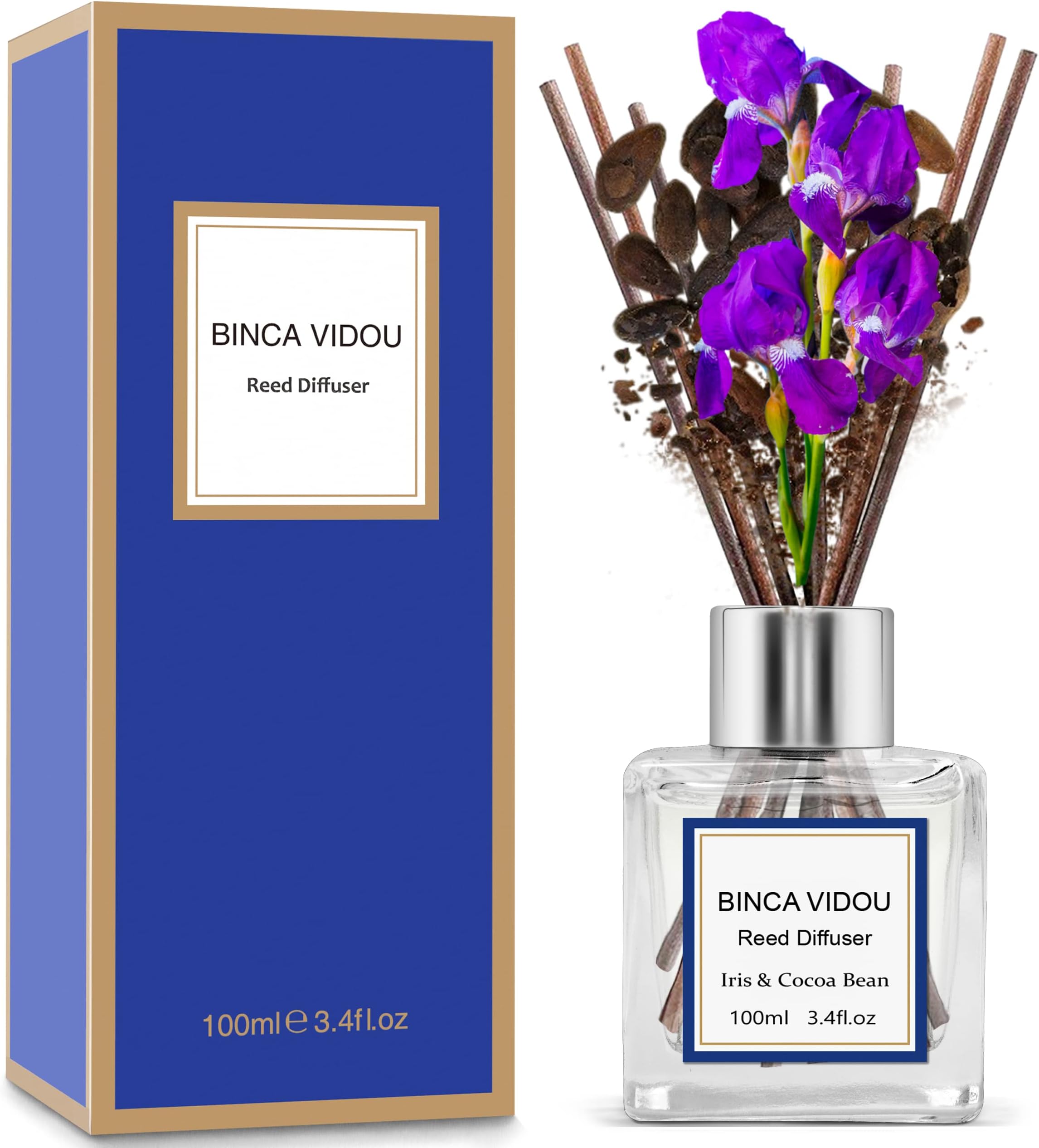 binca vidou Reed Diffuser Iris & Cocoa Bean, Home Scented Oil Reed Diffuser Set for Bedroom Livingroom, Remove Bad Smells, Strong & Long Lasting Fragrance for 50 Days, 100 ml/3.4 oz