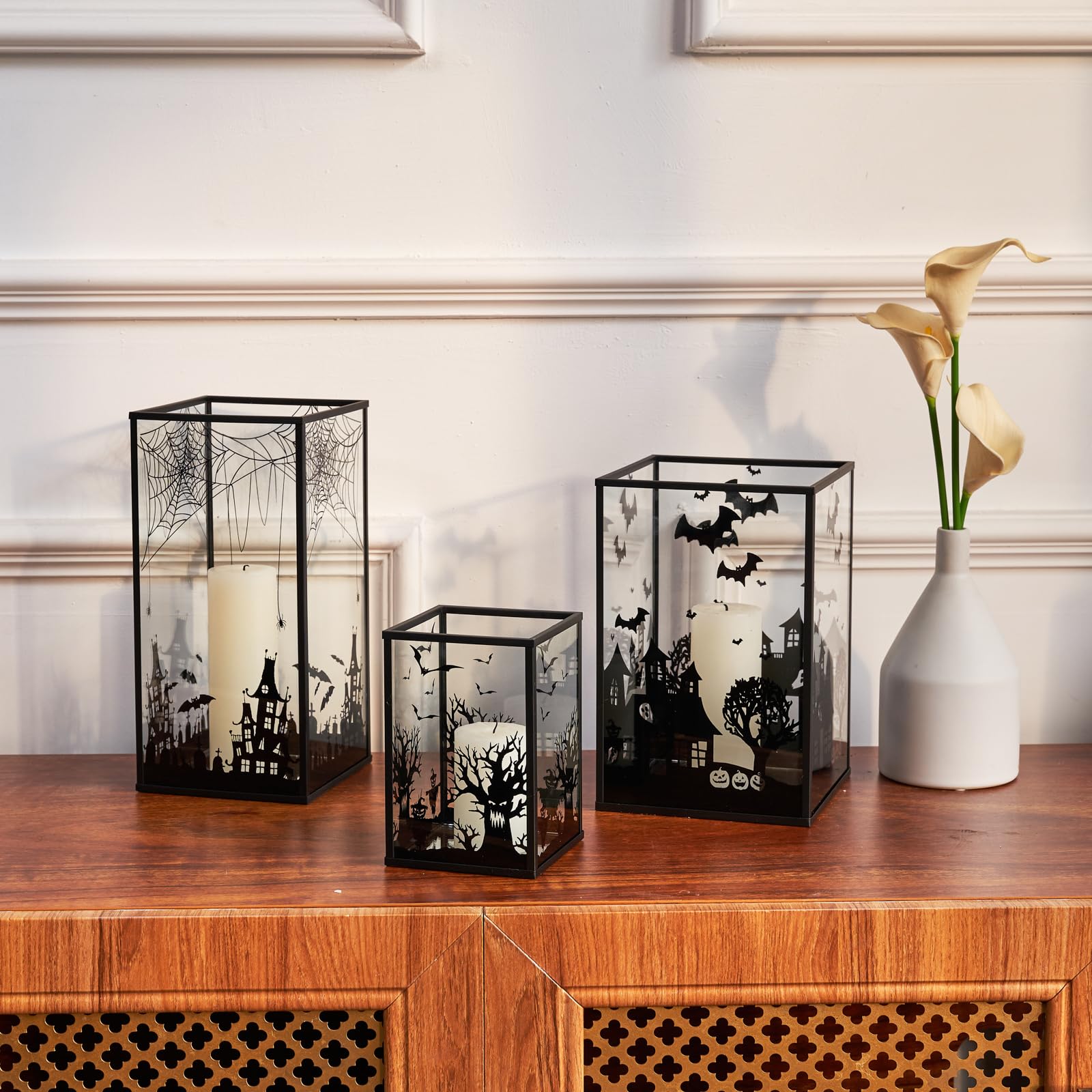 PHOSPHOR Halloween Glass Hurricane Candle Holder Black Decorative Candle Home Decor Lantern for Outdoor or Indoor Halloween Decorative Lantern
