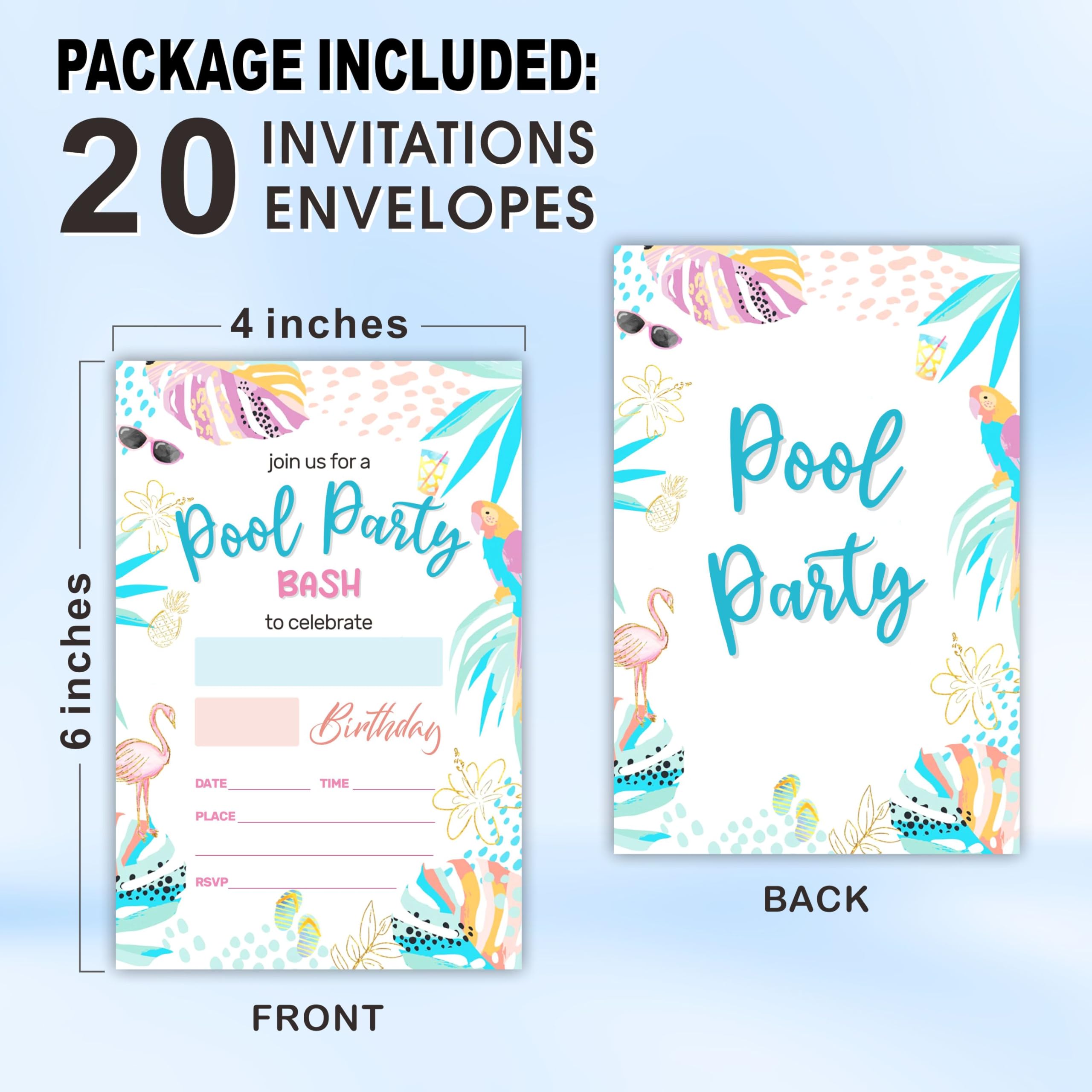 WeMaison Pool Party Birthday Invitations With Envelopes- Tropical Summer Theme, Pool Bash Invite- Double-Sided Fill In Style Invites For Girls Boys Kids Teens- Party Favor & Supplies (20 Sets)- C01