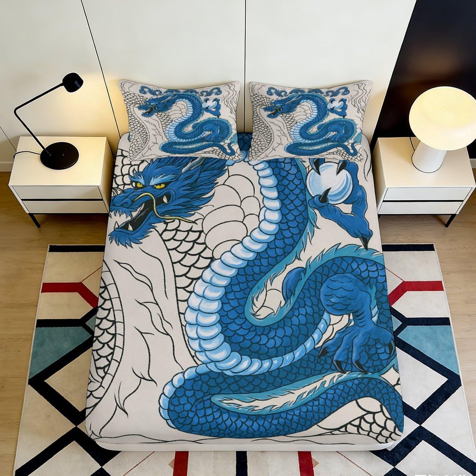 Jqzkxnhpbr Style-7 3D Printed Blue Dragon Fitted Sheet Microfiber Soft Durable Oriental Snake Bed Sheet For Bedroom Decor Protection 90X200x25cm