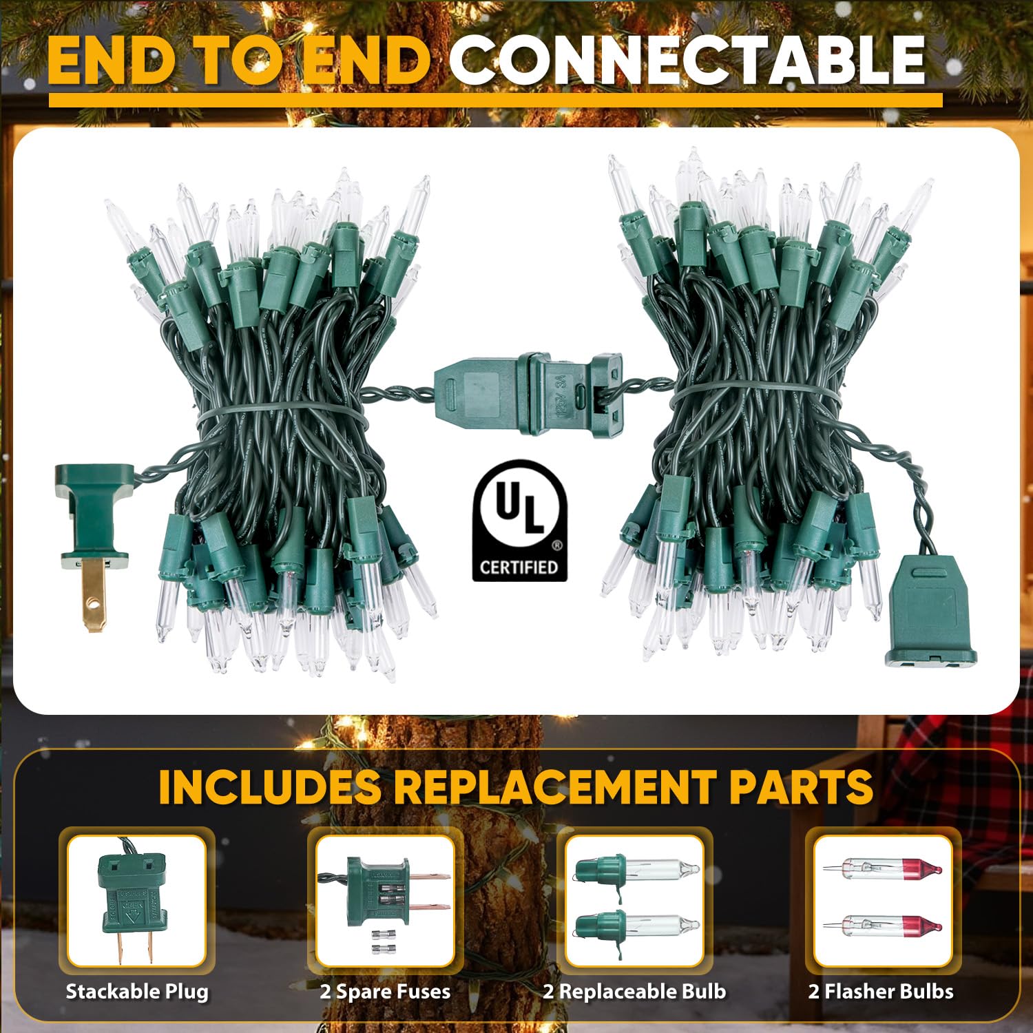 50 luces blancas de Navidad con cable verde, bombillas incandescentes de 13 pies, mini cadena de luces conectables para interiores, árbol de Navidad, exteriores, aula, fiesta, guirnalda