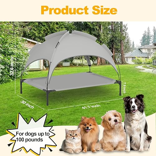Miniatura 2 de Cama grande para perros al aire libre con toldo y 4 estacas resistentes al viento, sombra al aire libre y protección solar, cama elevada desmontable