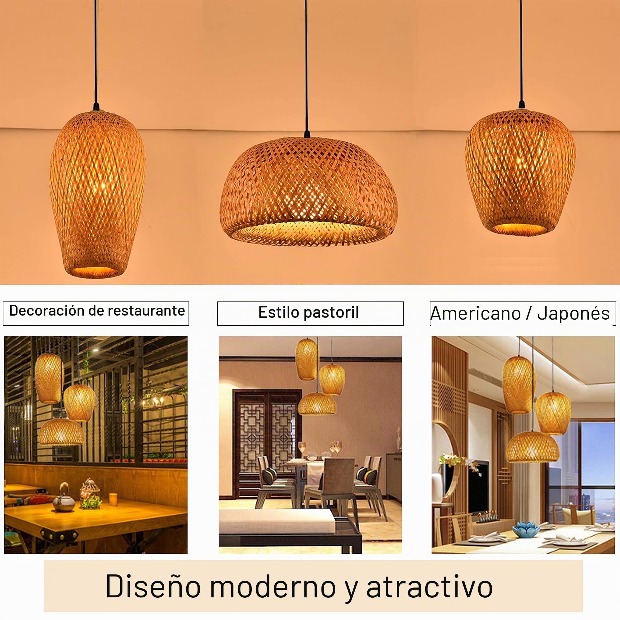 Lámpara de techo colgante de bambú, estilo retro japonés, E27, lámpara de techo colgante, para sala de estar, dormitorio, restaurante, cafetería, bar, comedor o club (3 luces de cabeza)