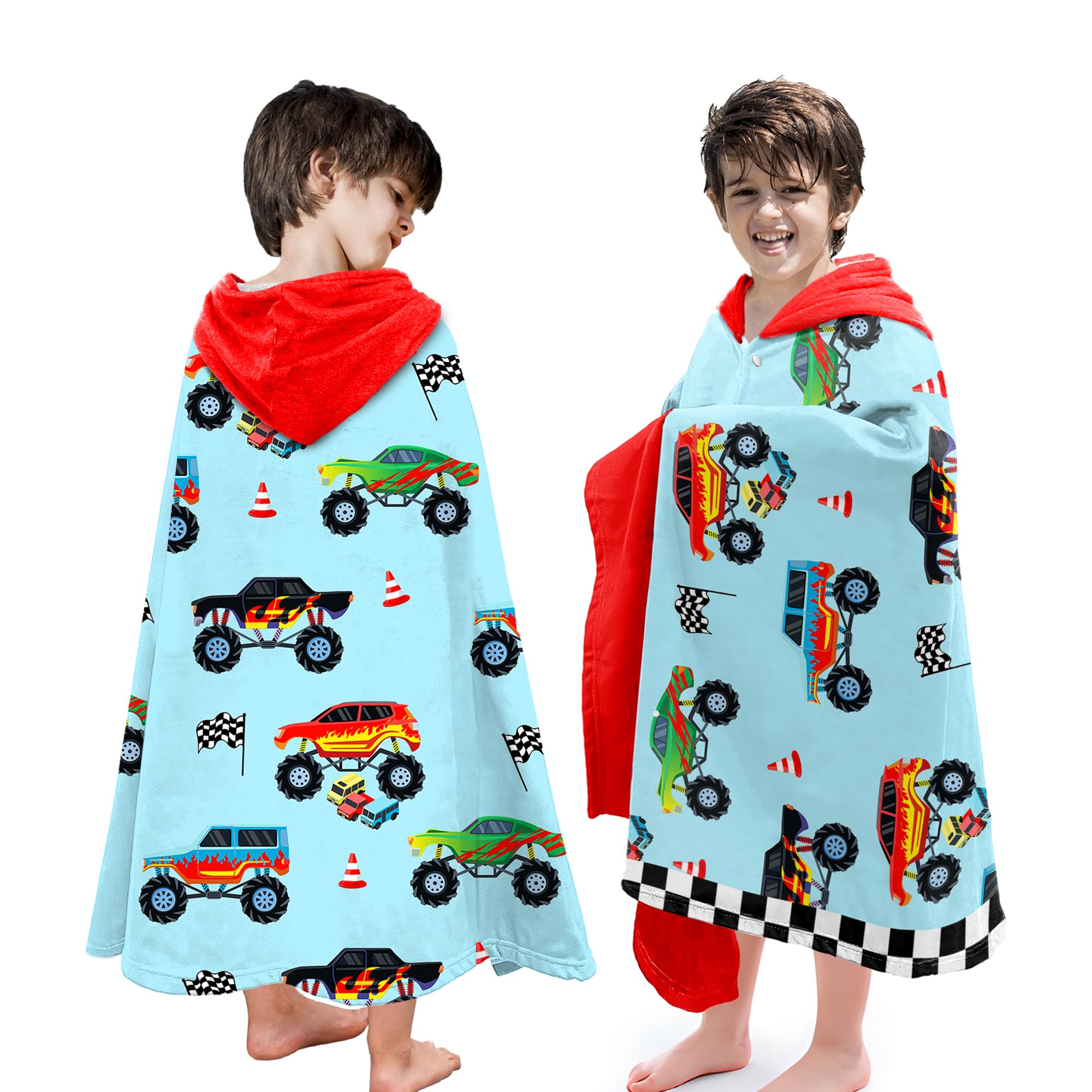 Hooded Towels for Kids -Monster Toddler Beach Towel- Super Absorbent &amp; Quick Dry 100% Cotton 30x50 Inch - to Kid Ages 3-10-Truck Cars Swim Towels