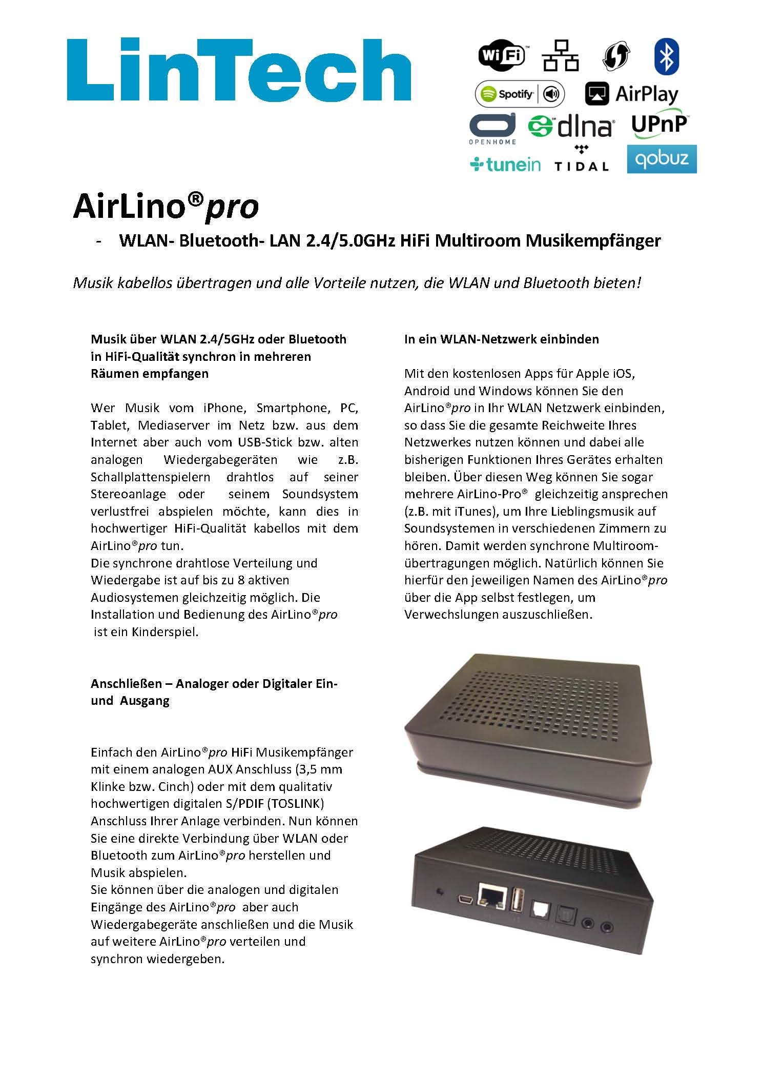 LinTech AirLino® pro HiFi Audio Connect WLAN,LAN und Bluetooth Empfänger/Receiver & Sender (WLAN 2.4/5GHz, LAN, BT aptx AirPlay2, DLNA; UPnP, WiFi, Internetradio, NAS, USB, Line-IN, Audio Connect)