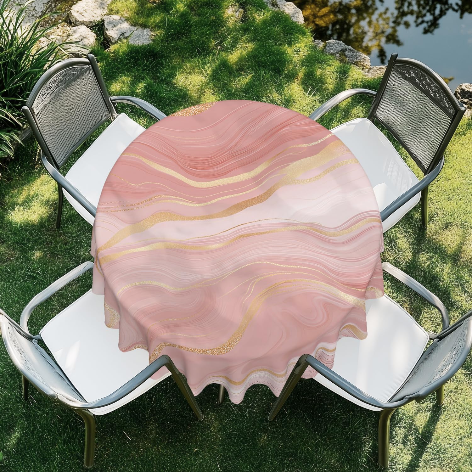 ARTSGOO Pink marble Round Tablecloth 60 Inch Durable Wipe-Clean Waterproof Table Cloth for Dining Table, Kitchen, Party, Wedding & Outdoor Use - Pink marble