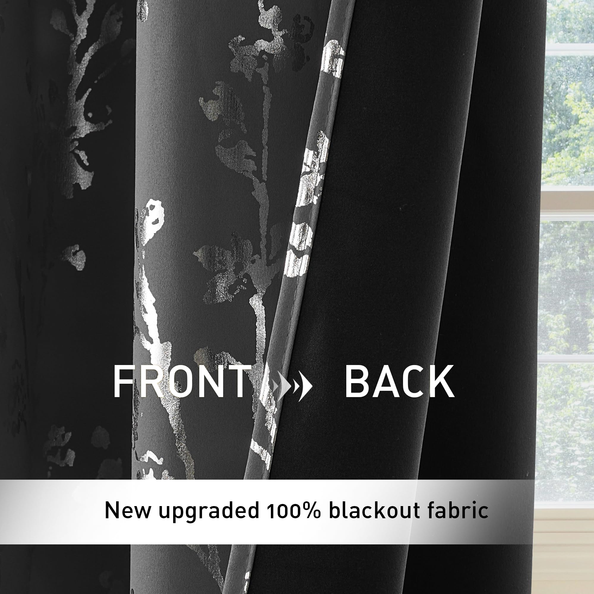 PONY DANCE 100% Grey Blackout Floral Curtains for Bedroom 54 inch Drop Eyelet Curtains for Living Room Tree Branch Foil Silver Thermal Insulated Window Drapes - Image 3