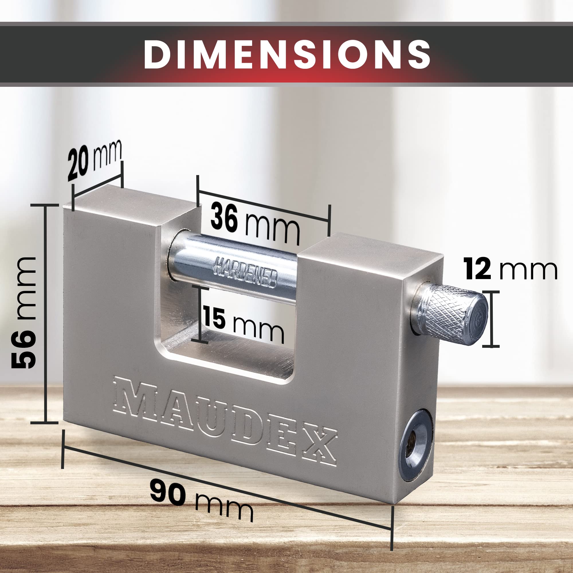 Maudex® MDP90 Cadenas Extérieur avec 10 Clés - Anse 12 mm Anse Résistante aux Coupures, Gros Corps Inox Étanche | Antivol de Sécurité pour Conteneur, Portail, Remorque Attelée
