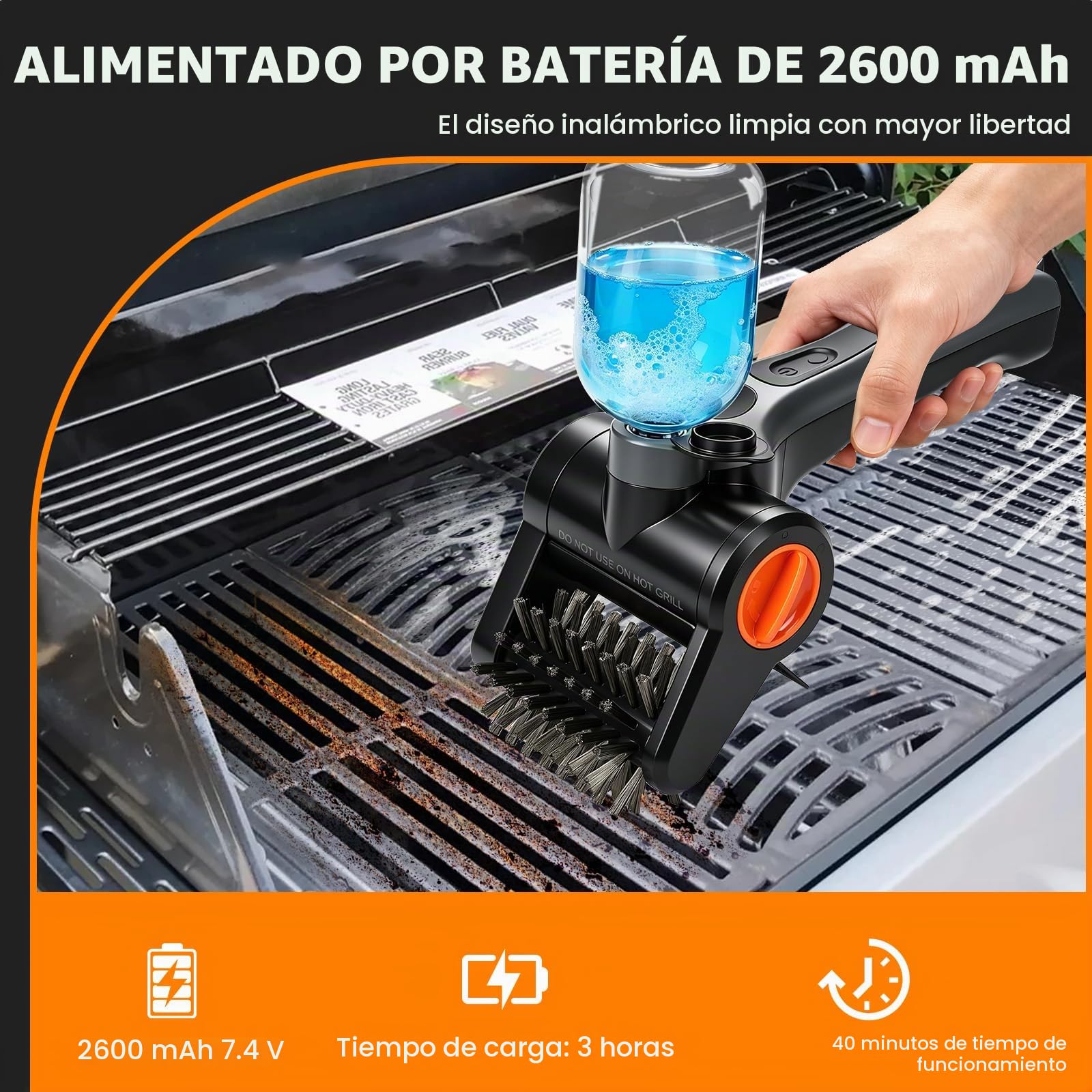 Cepillo eléctrico para barbacoa exterior, cepillo de limpieza inalámbrico para barbacoa con depósito de agua, cabezal de cepillo extraíble, herramienta de limpieza de barbacoa recargable tipo C para