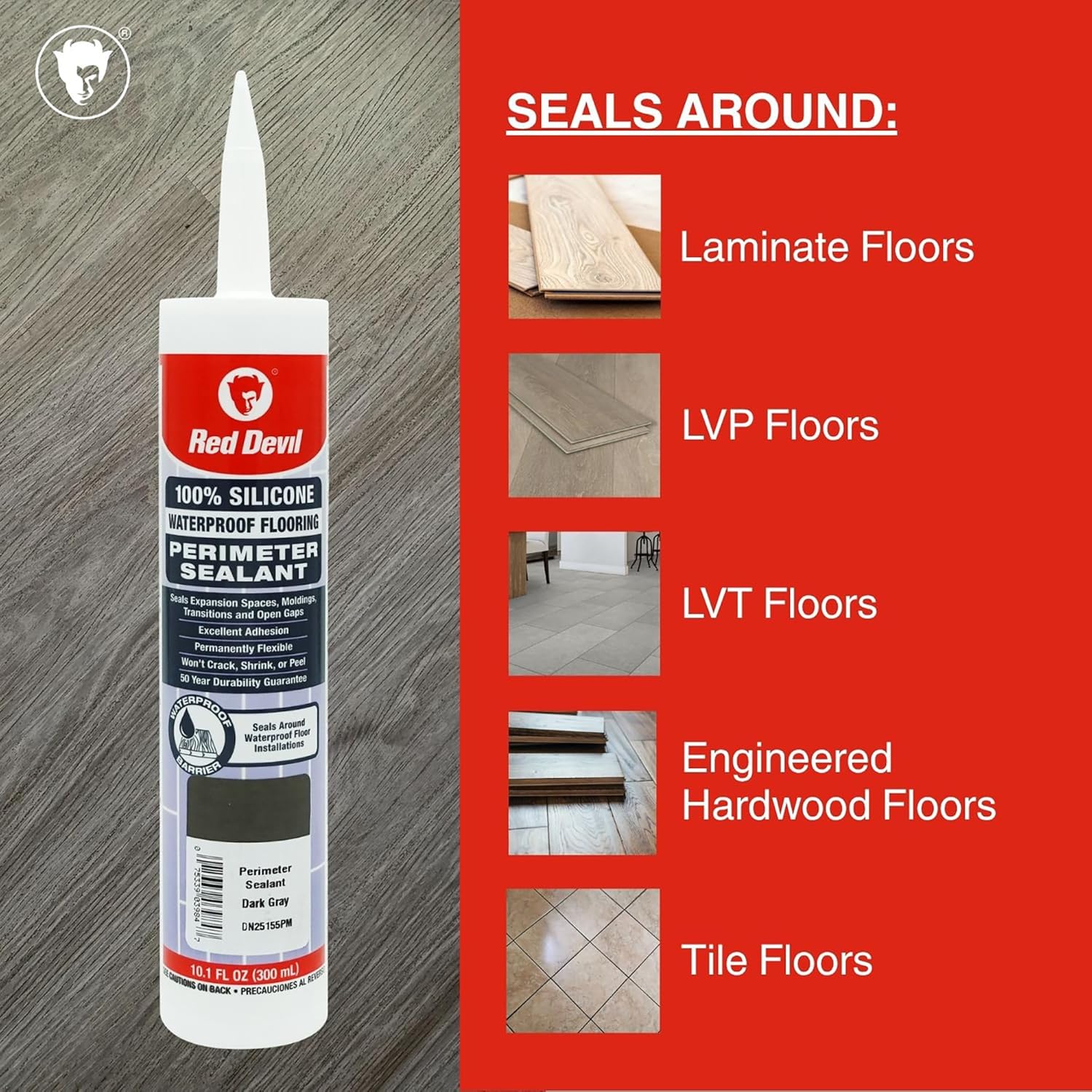 Red Devil 082550 100% Silicone Waterproof Flooring Perimeter Sealant, 10.1 oz., Medium Gray, 4 Pack