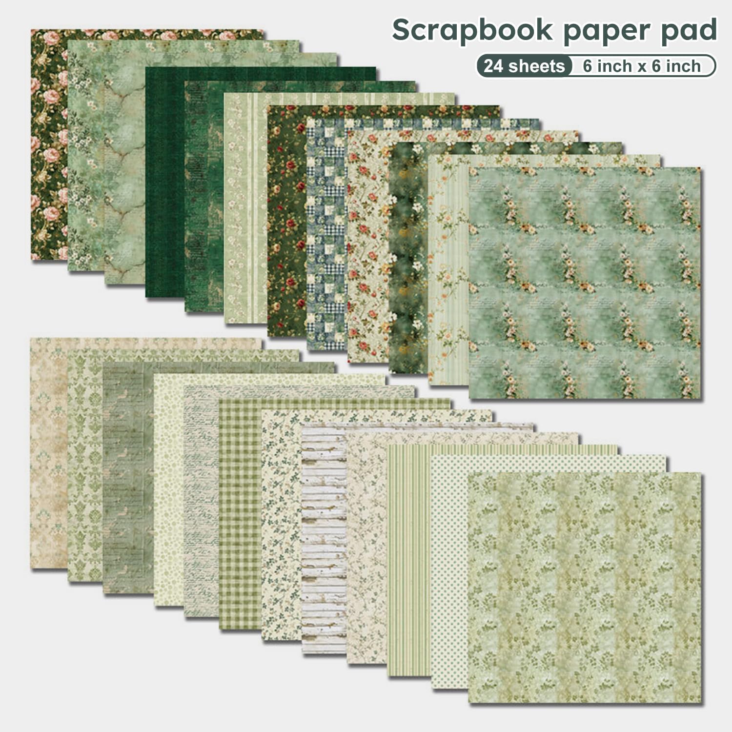 Vintage Green Scrapbooking Paper Pad - 6 Inch 24 Sheets Flowers Aesthetic Patterns for Photos Album Journals Decorative Collage Card Making Wedding DIY Crafts Gifts Wrapping Material