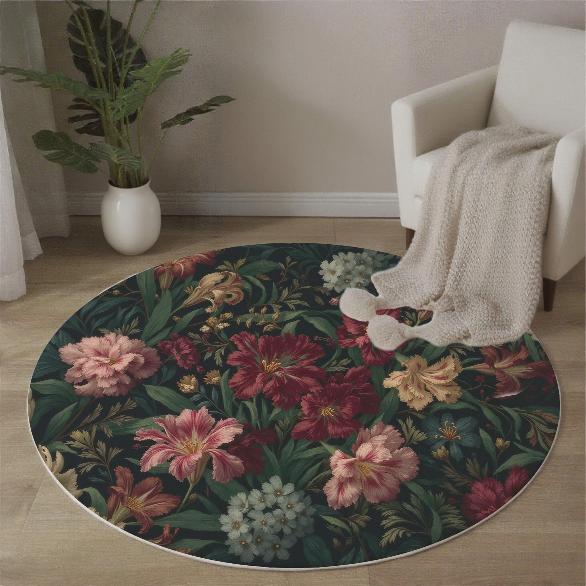 Tapis rond antidérapant et lavable 180 cm style vintage lys et tulipes