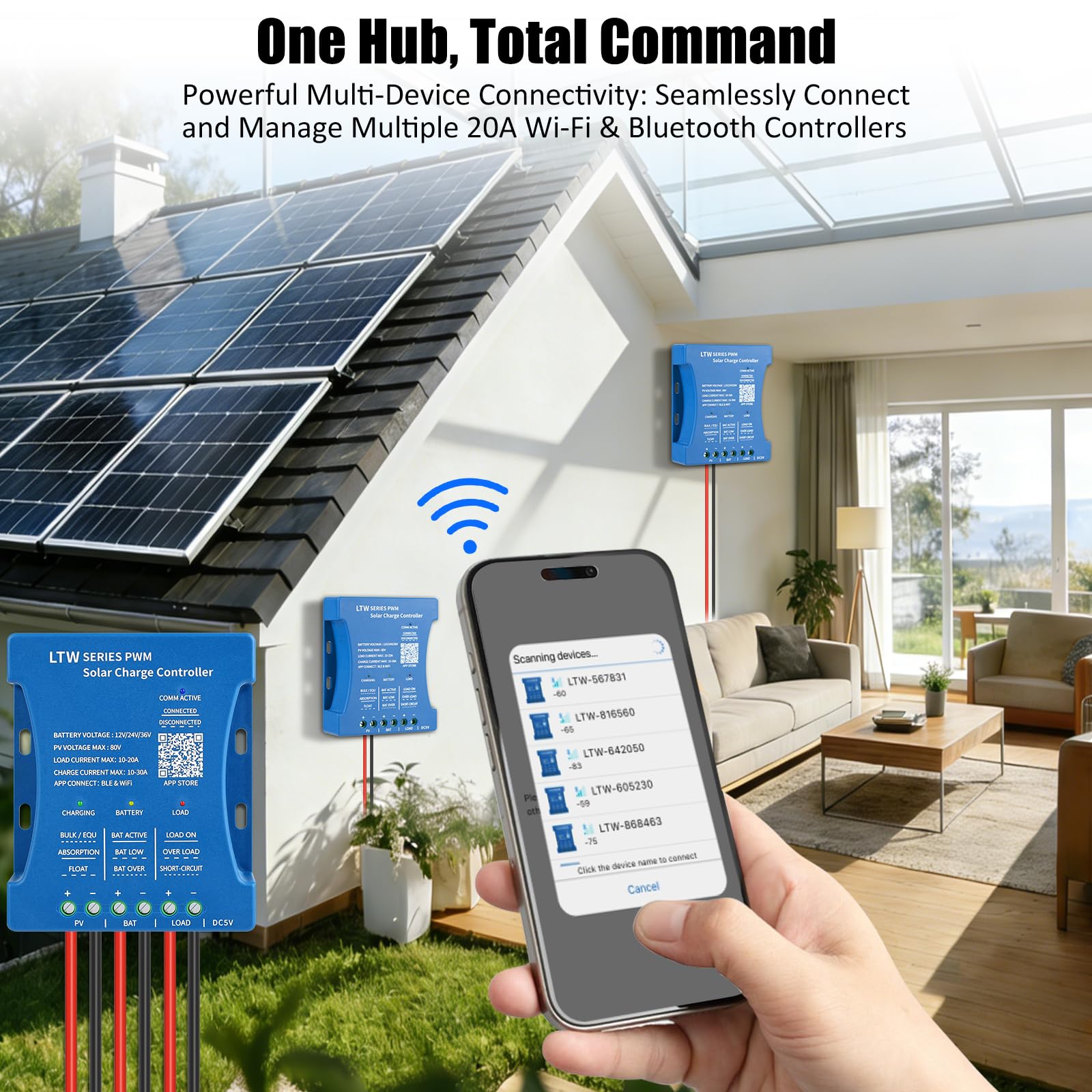 【Regolatore di Carica Solare WIFI 20A 12V】KWODE 20A 12V/24V/36V Controller Solare WIFI Ultra-Telecomando PV:80V Controller Intelligente Bluetooth per Pannello Solare PWM per Acido al Piombo, LiFePO4