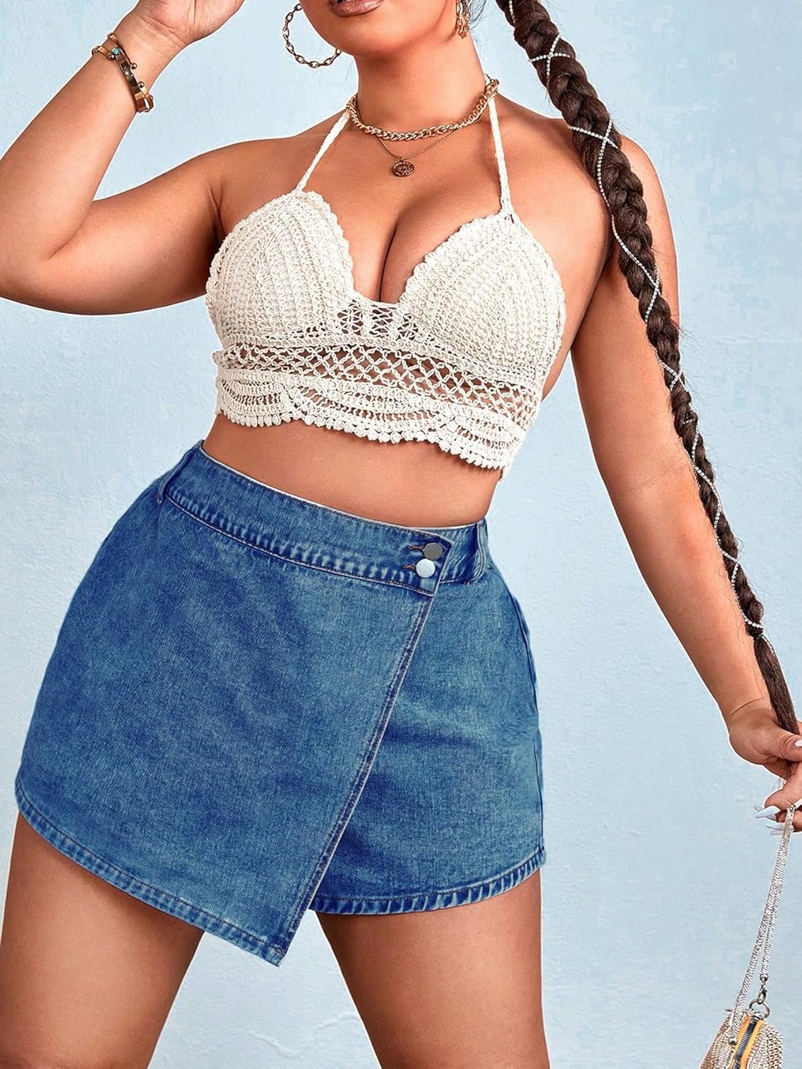 WDIRARA Women's Plus Size Wrap High Waisted Denim Skorts Asymmetrical Jean Skirt Shorts - Image 5