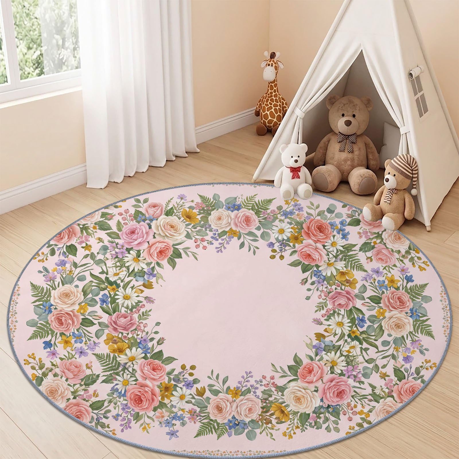 Tapis Rond Pastorale Campagne Francaise 160 cm, Roses Marguerites Fougères Couronne Lavable en Machine pour Salon, Rose Vert Antidérapant, Poil Court Tapis Rond Imprimé pour Chambre d’Enfant Nurserie