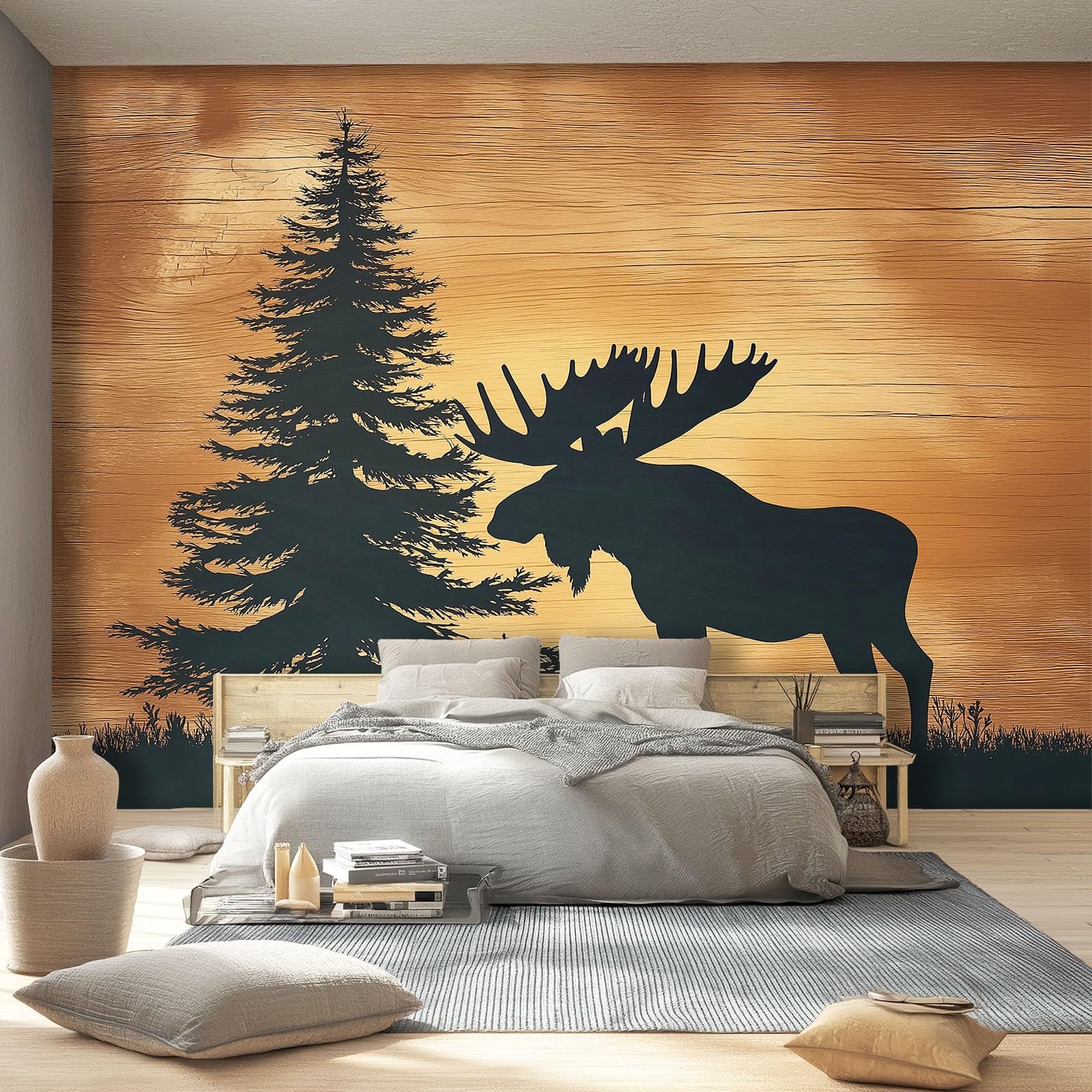 Tapeta Retro Łoś Sosnowy Sylwetka 400 x 280 cm, Plakat Fototapeta Dekoracja Ścienna Salon Sypialnia Pokój Dziecięcy Brązowy