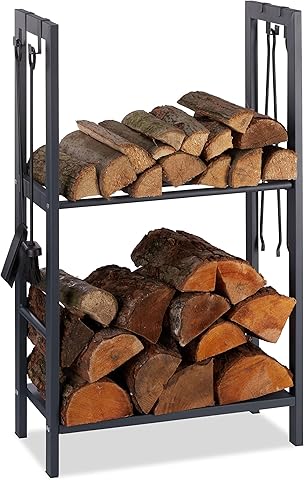 Relaxdays Leñero Interior con 2 Estantes y 4 Colgadores para Accesorios Chimenea, Acero, Antracita, 100 x 60 x 30 cm