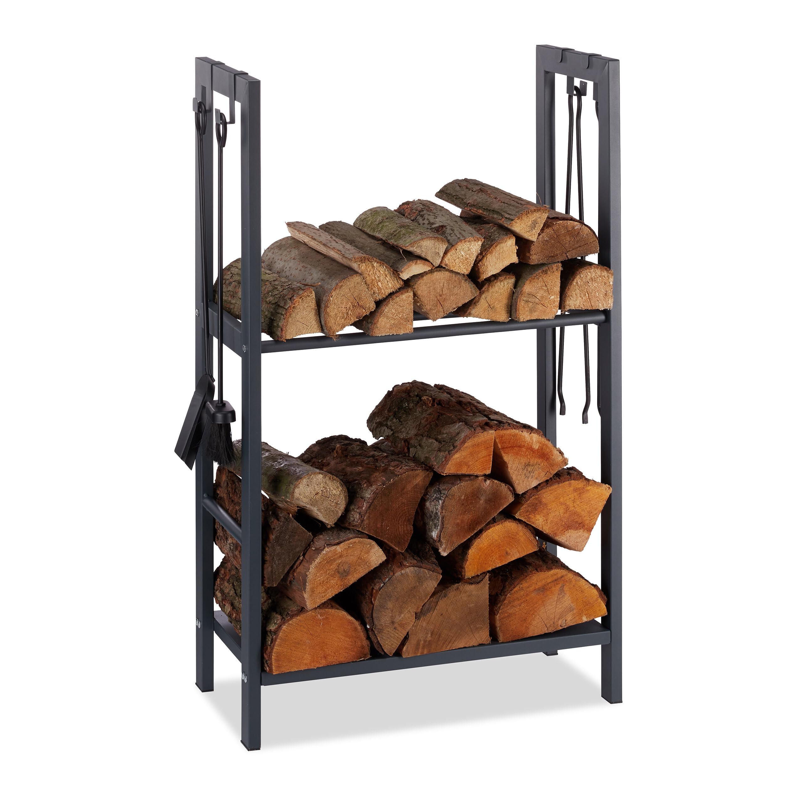 Relaxdays Scaffale Porta-Legna con 2 Ripiani, 100 x 60 x 30 cm, 4 Ganci per gli Accessori da Camino, Acciaio, Antracite