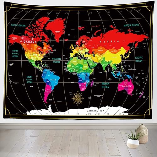 Loccor Tapiz de mapa del mundo de 7 x 5 pies, mapa de viaje del mundo negro vintage geografía globo abstracto para colgar en la pared para