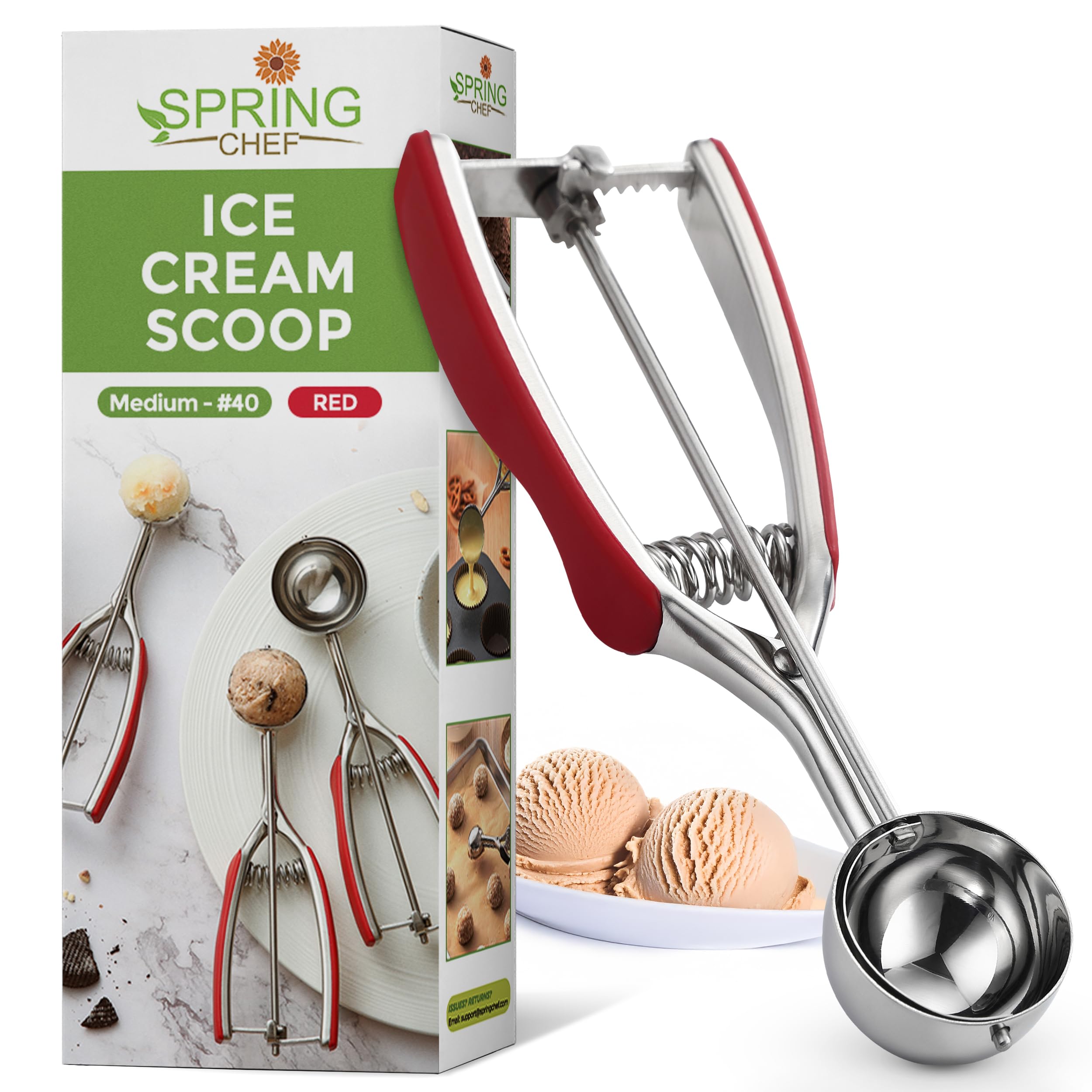Spring Chef - Red Medium Cookie Scoop for Baking, Multifunctional #40 Melon Baller Scoop with Trigger Release, Ice Cream, Stainless Steel 1.7 Tbsp Scooper for Food, Ice Cream, Cookie Dough Scoop