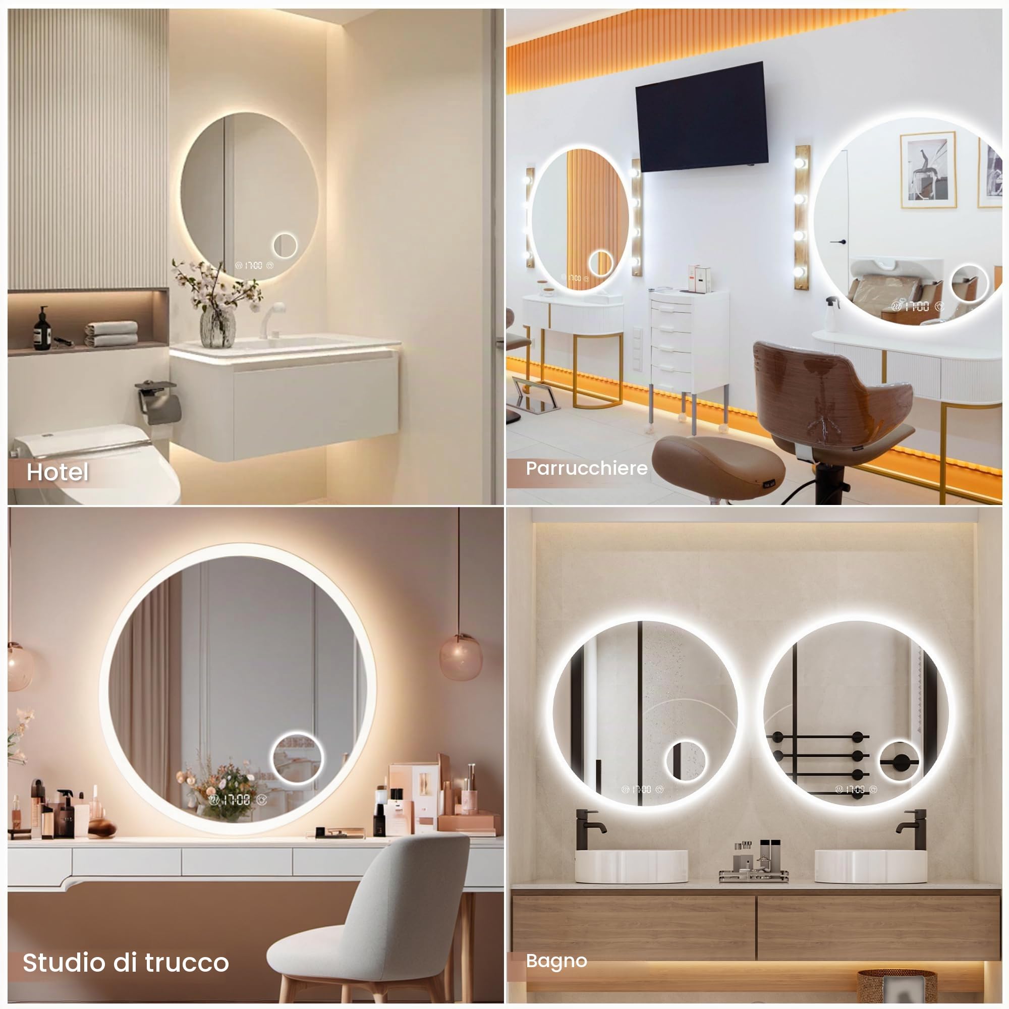 Specchio da Bagno a LED Rotondo, 70x70 cm, con Illuminazione Dimmerabile, Interruttore Touch e Funzione Anti-Appannamento, Specchio bagno con luce Bianco Caldo/Bianco Freddo/Neutro