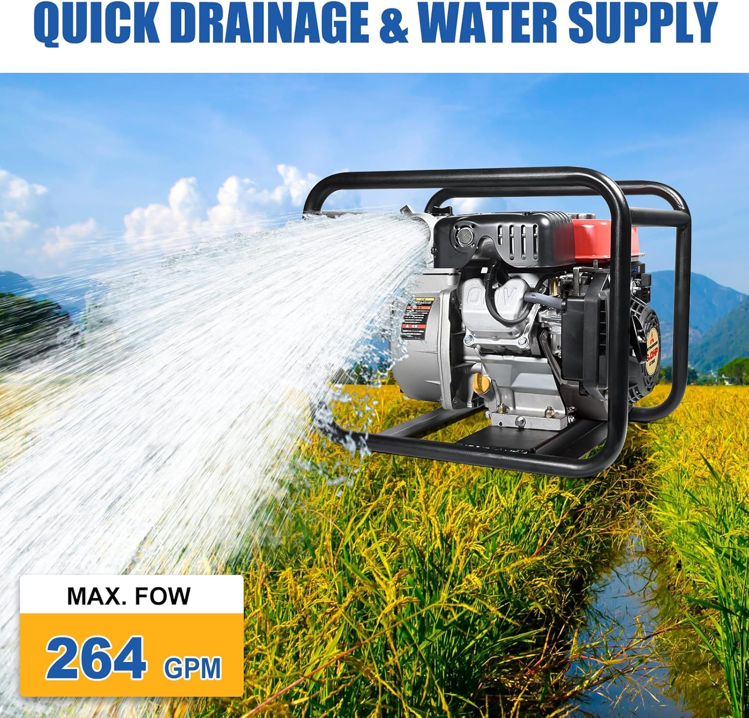 TOOLCY Trash Pump 3 inch with 181cc 6HP 264GPM 4-Cycle Gasoline Engine High Flow Gas Powered Water, 98FT Lift Heavy Duty Water Transfer Pump for Agriculture, Flood Control & Drainage