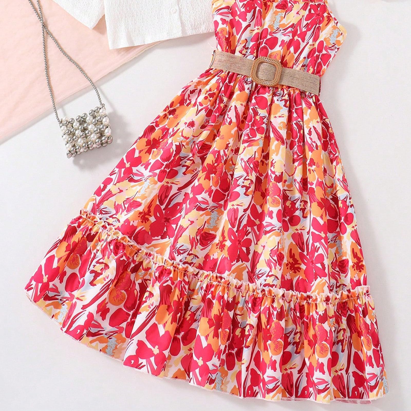 Ensemble Ete Enfant Fille 7-12 ans Tailleur Chemise à Manches Courtes Et Robe sans Manche Ado Fille Chic et Elegant Habillée Fluide Large Pas Cher Confortable Casual Vacances