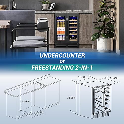 Miniatura 6 de Refrigerador de vino y bebidas, color negro, enfriador de bebidas de 24 pulgadas debajo del mostrador, zona dual con puerta de vidrio y cerradura,